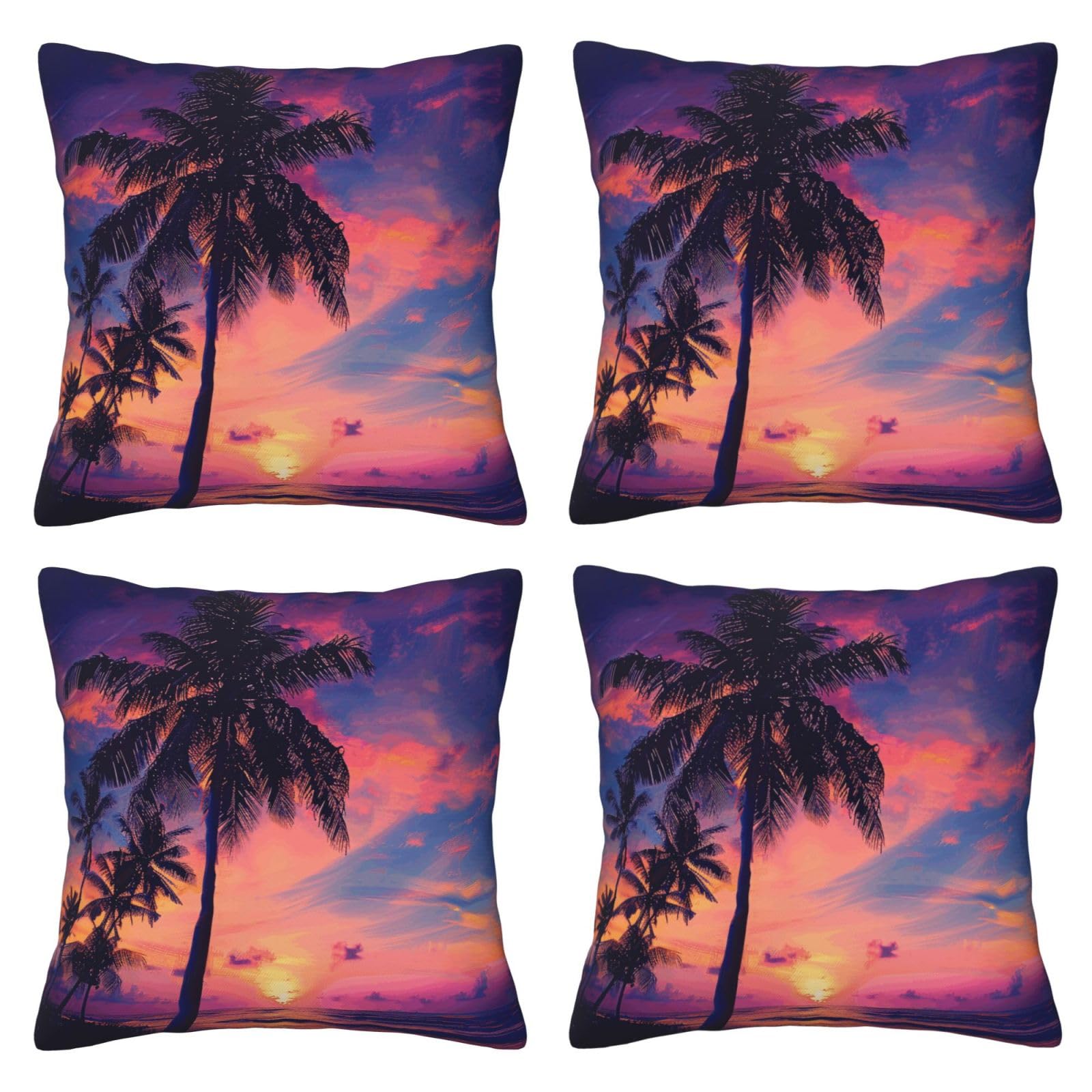 Palm Tree Sunset Throw Pillow Cases 4 Pack Square Pillowcases Super Soft Pillow Protectors With Zipper for Couch Livingroom Sofa Bed Office Car,30x30 CM