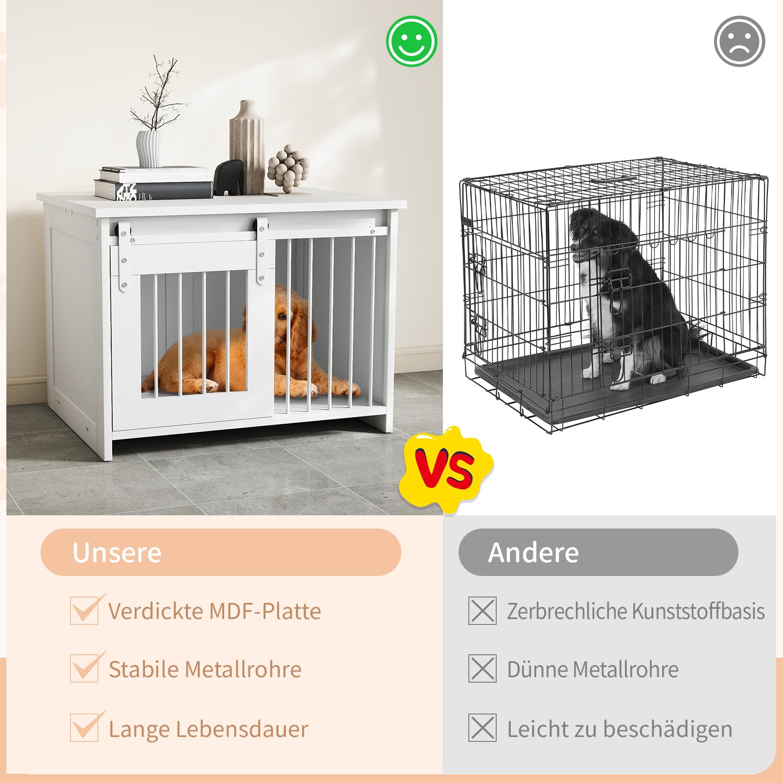 COSTWAY Hundekäfig Möbel, Hundebox für Zuhause, Hundehütte mit Schiebetür, Haustierkäfig aus Metall Holz, Beistelltisch modern, Indoor, für kleine & mittelgroße Hunde, 80 x 60 x 60 cm (Weiß)