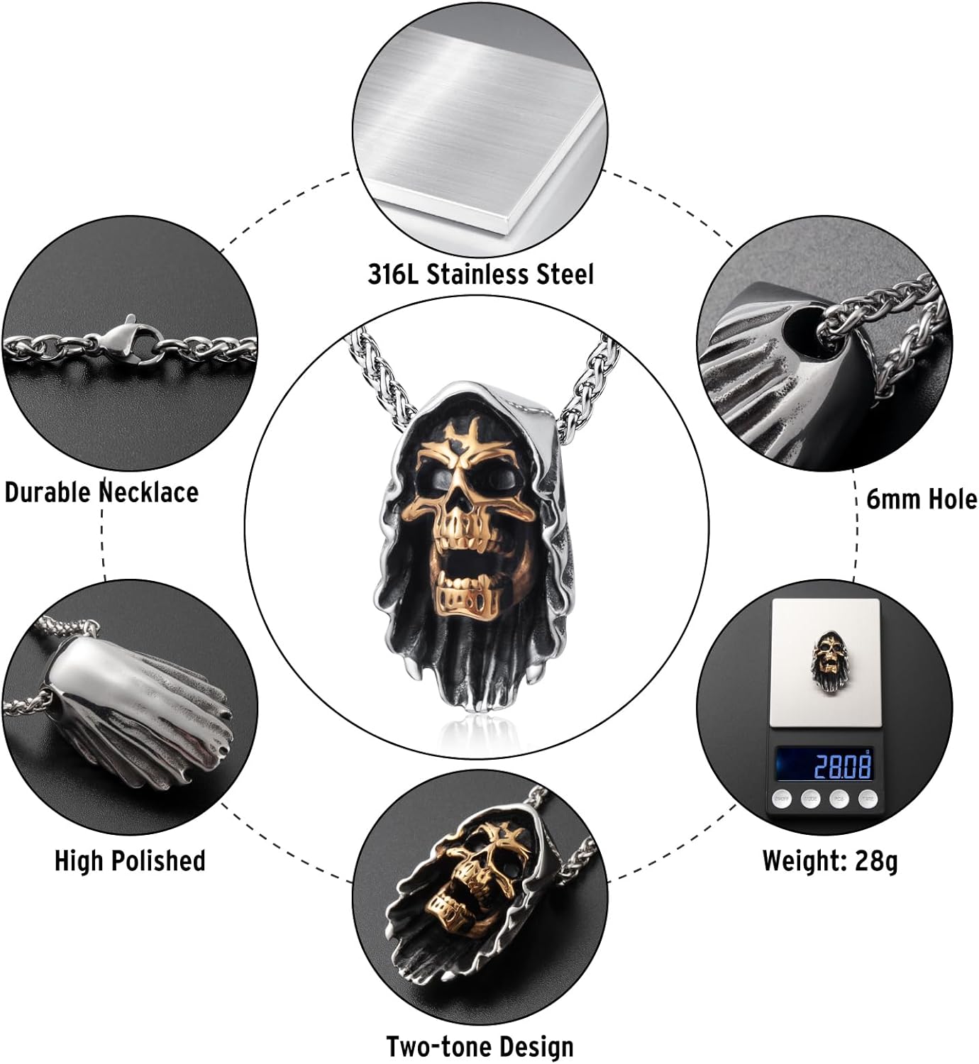 Skull Necklace for Men Stainless Steel Gothic Punk Emo Biker Necklace Jewelry for Men 60cm - Image 2