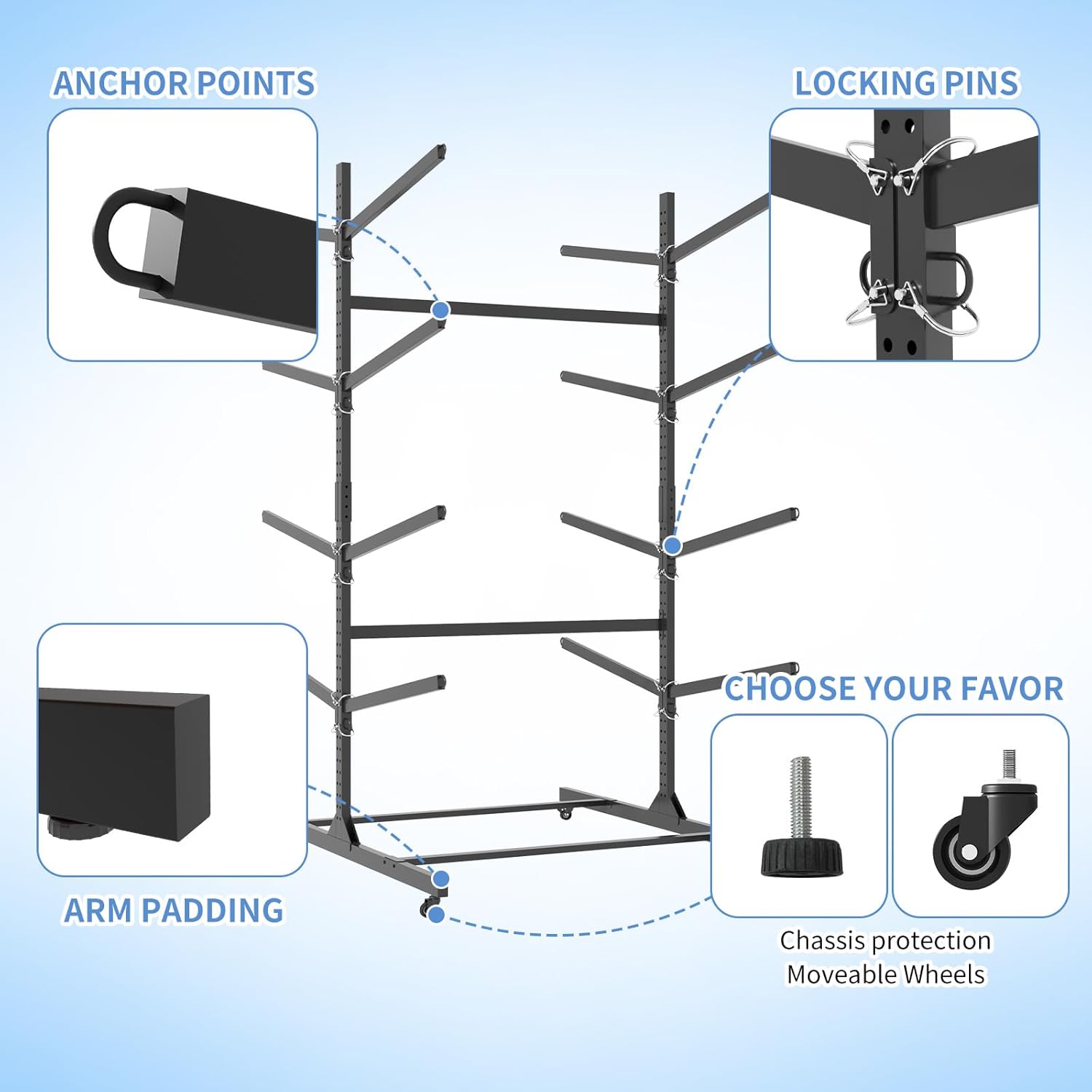 AQY Kayak Storage Rack,Heavy Duty Steel Adjustable Freestanding Kayak Stands with Wheels for Garage and Outdoor Storage,Storage Rack for Kayak, Canoe, Surfboard and Paddleboard