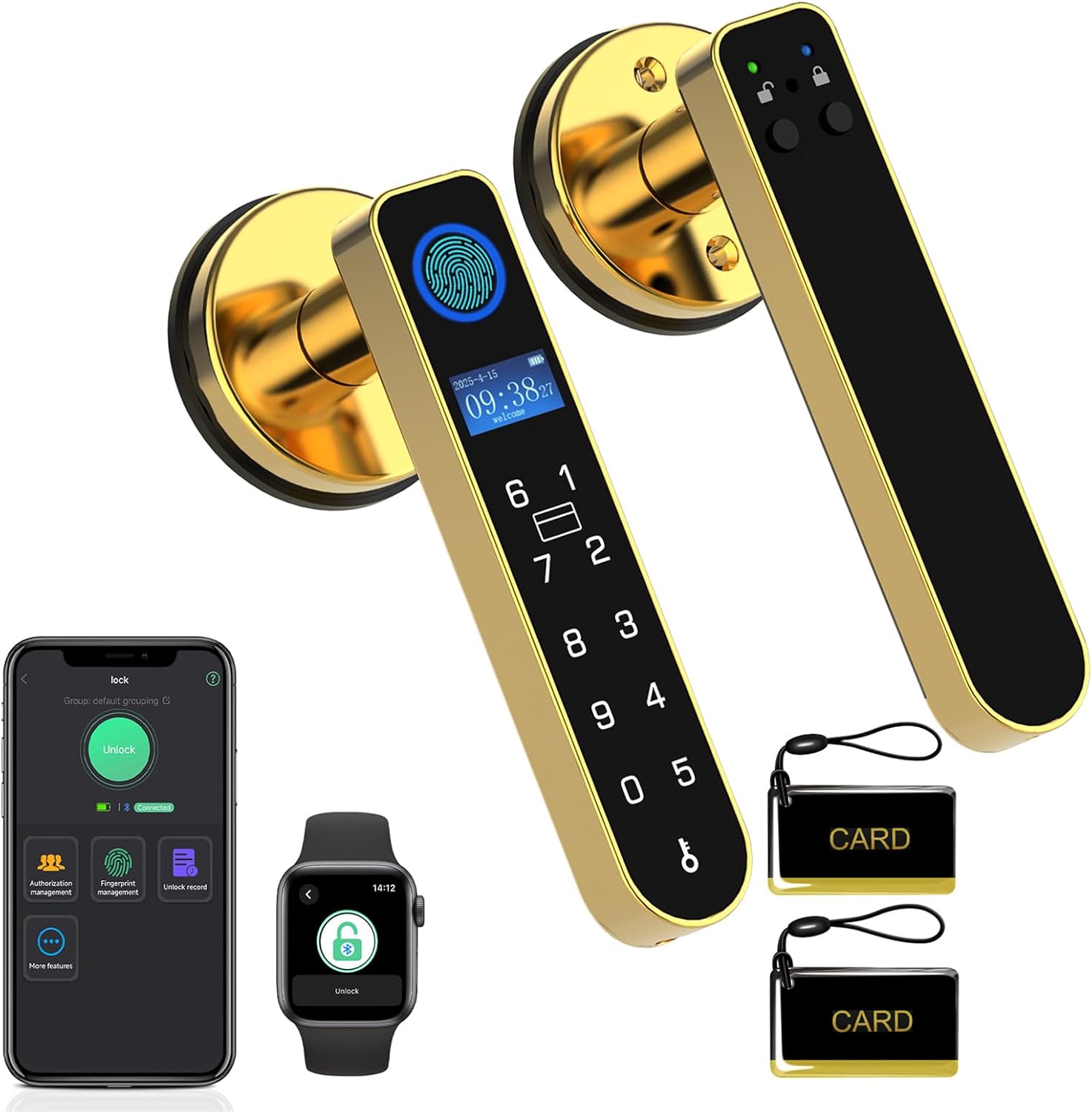 Fingerprint Keyless Entry Bedroom Door Lock with Code RFID Card NFC APP Keypad, Smart Biometric Automatic Interior Door Handle with Lock for Indoor Hotel Pantry Apartment Office Home, Gold