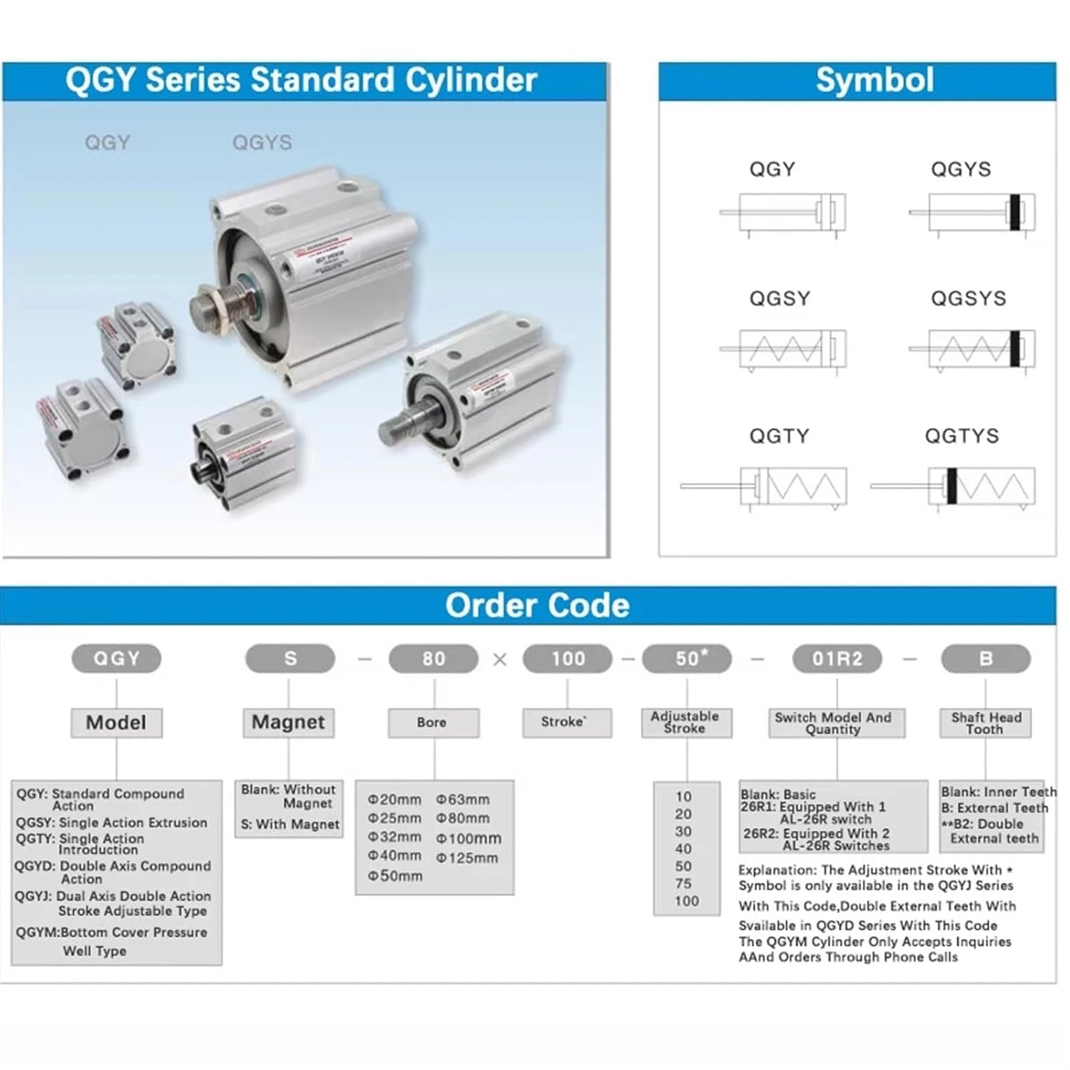 QGY50/63/80/100 Stroke 10-100mm Punching Machine Air Pneumatic Cylinder 1Pcs(QGY63 (BORE 63mm),Stroke 100mm)
