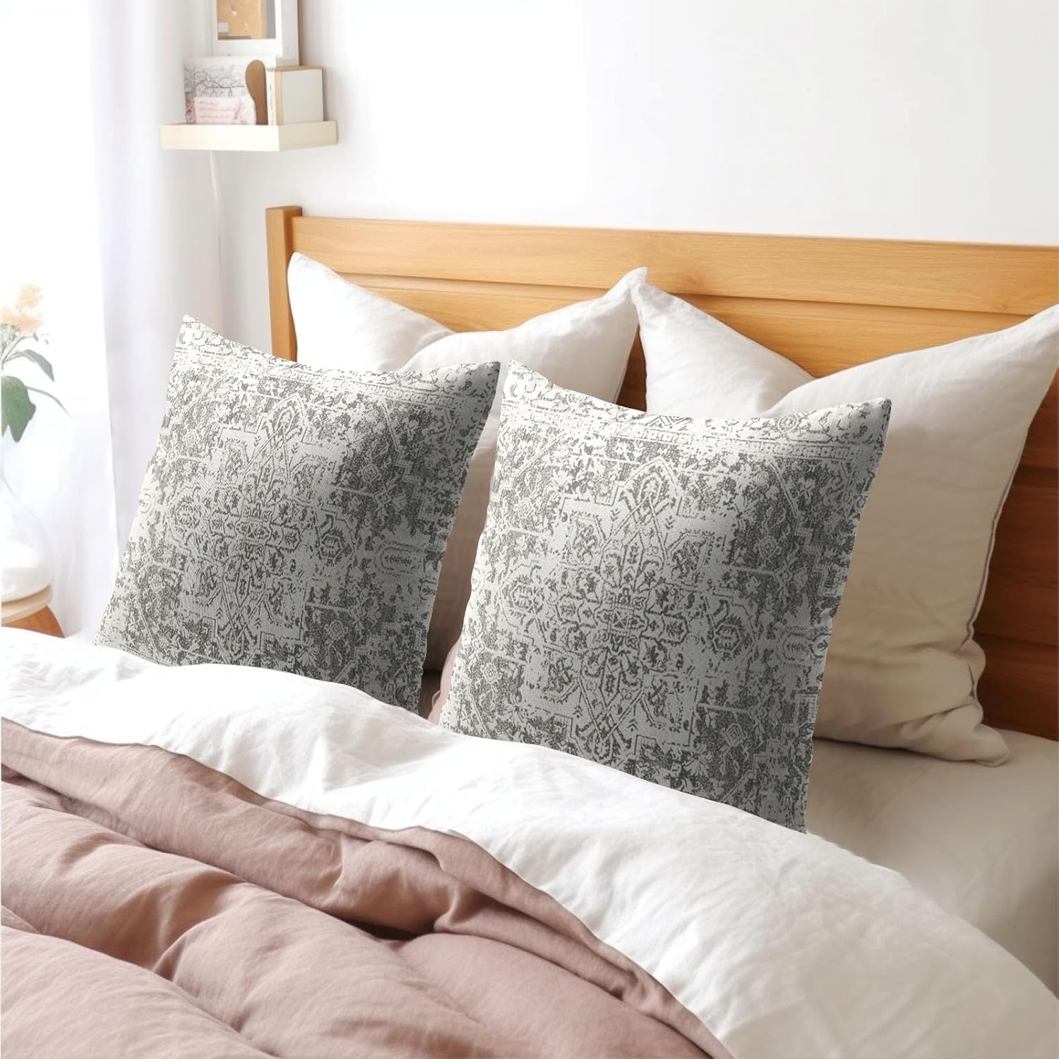 Boho Throw Pillow Covers 18X18 Inches Set of 2 Grey and White Ethnic Design Pillowcase Soft Cotton Linen Square Carpet Pattern Cushion Covers for Home Sofa Patio Bedroom - Image 8