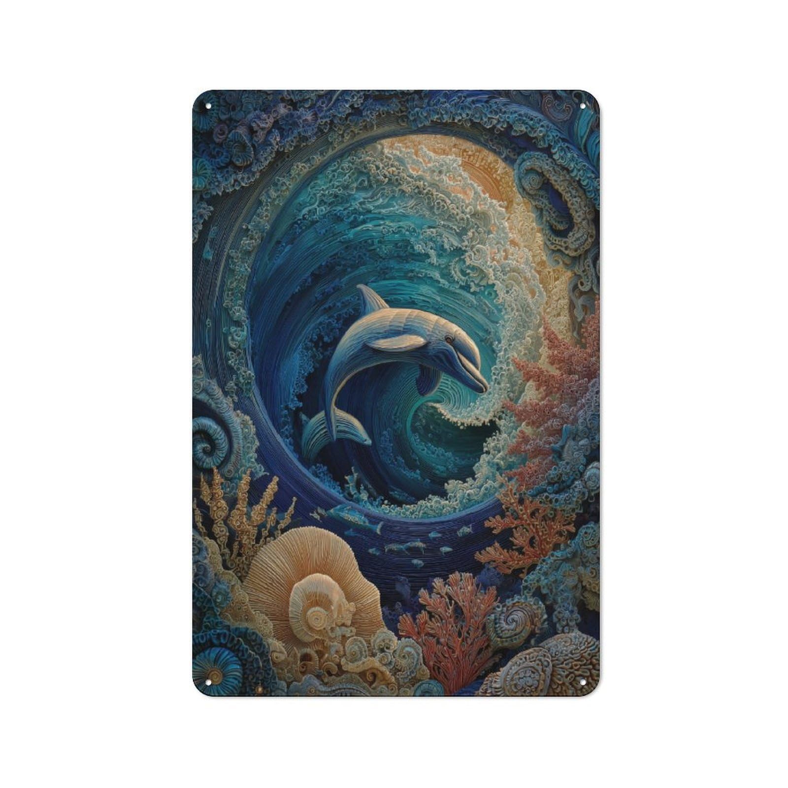 Junmoney Ocean Wave With Dolphin Metal Wall Sign 30X20cm Featuring For Bar Or Restaurant, For Themed Interiors In Bars And Restaurants