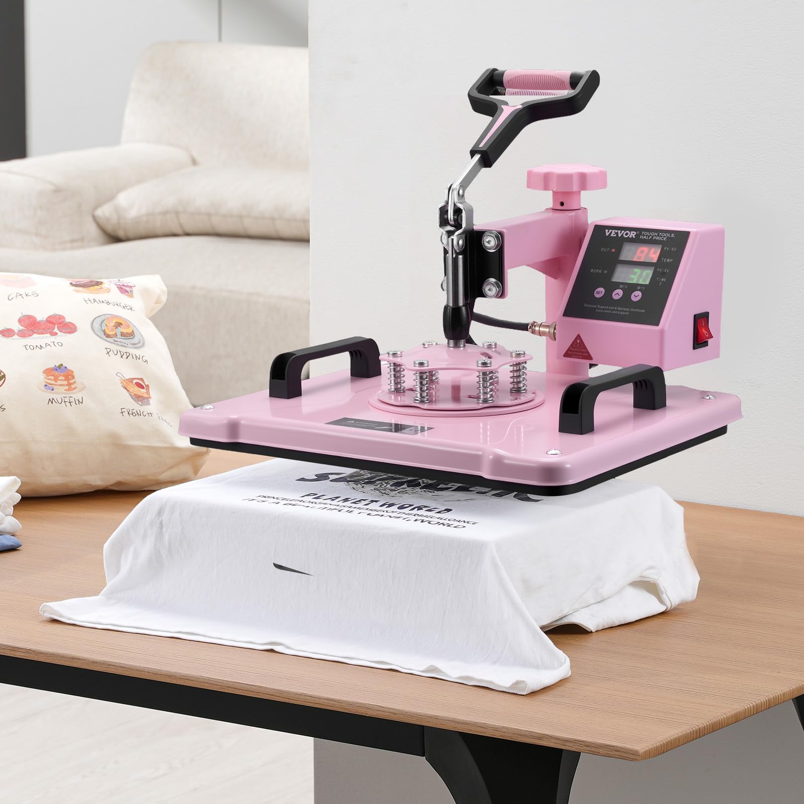 VEVOR 5 en 1 Máquina de Prensado por Calor con Prensa de Vaso de 0,85 kg, 300 x 380 mm, Prensa Térmico con Giro de 360° y Control Digital Preciso para Camisetas, Tazas, Sombreros y Platos, Rosa