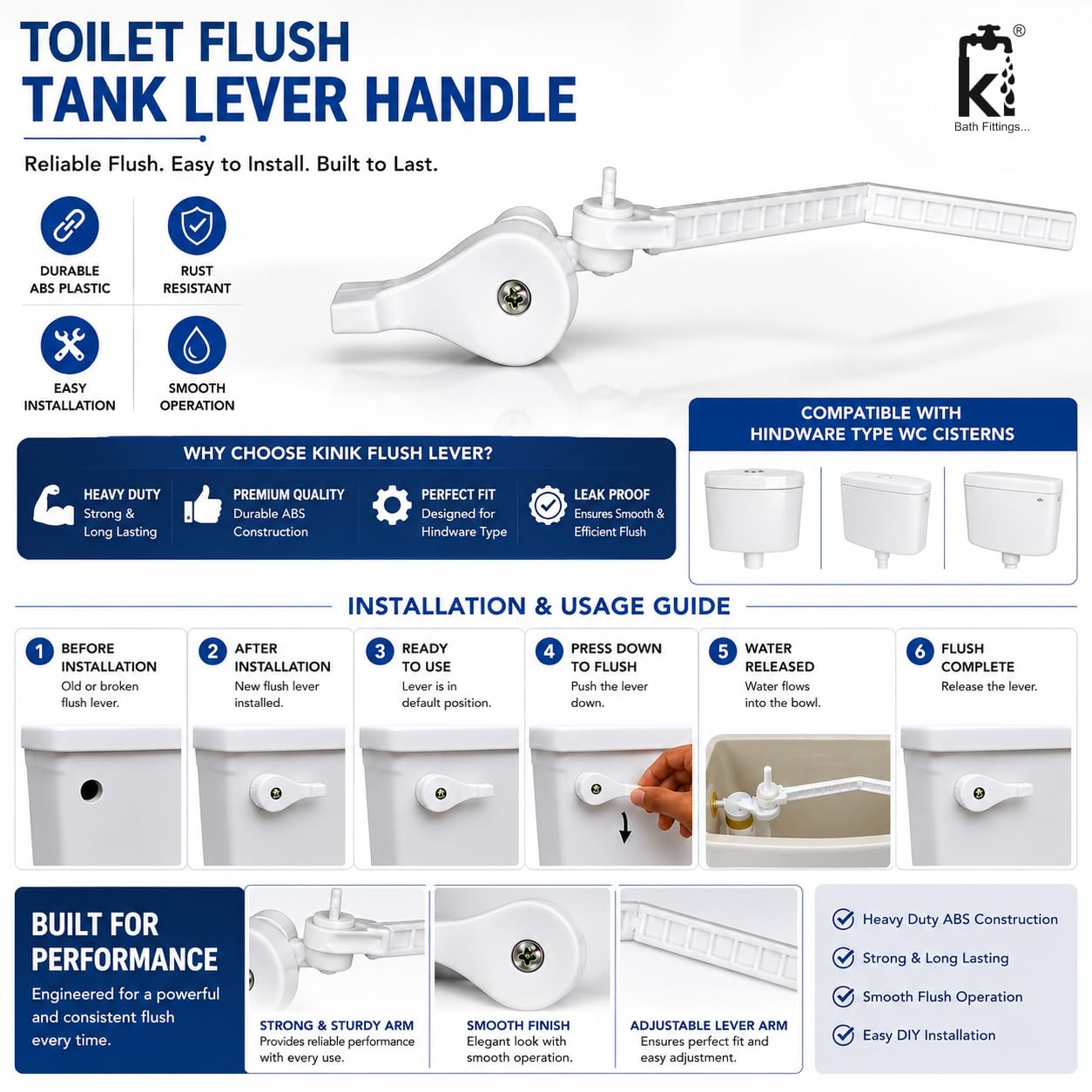 Ki Plastic Flush Tank Lever Handle (Hindustan Type) - White (Pack of 1) 3