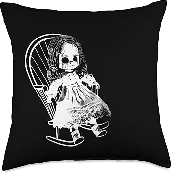Creepy Nightmare Haunted Horror Doll Sits In Rocking Chair Throw Pillow