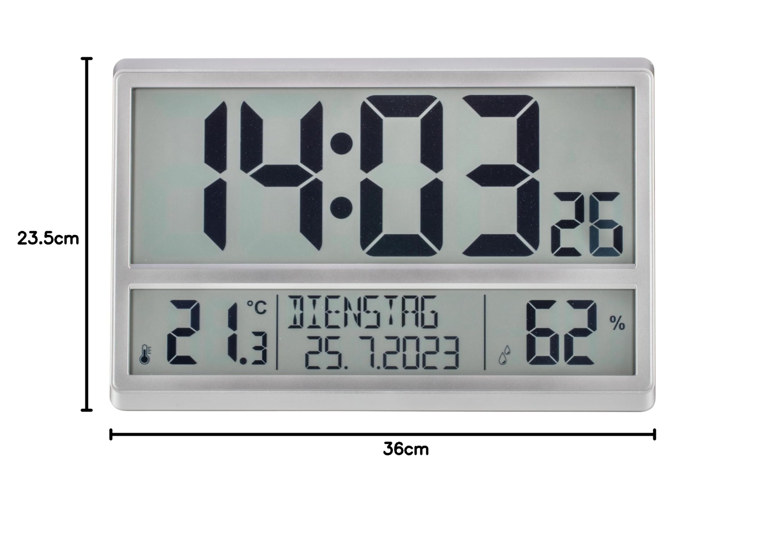 TFA Dostmann Orologio da parete digitale XL 60.4520.54 con temperatura e umidità, giorno della settimana (8 lingue), orologio radio, facile da leggere, grande, argento, (L) 360 x (L) 235 x (H) 28 (84)