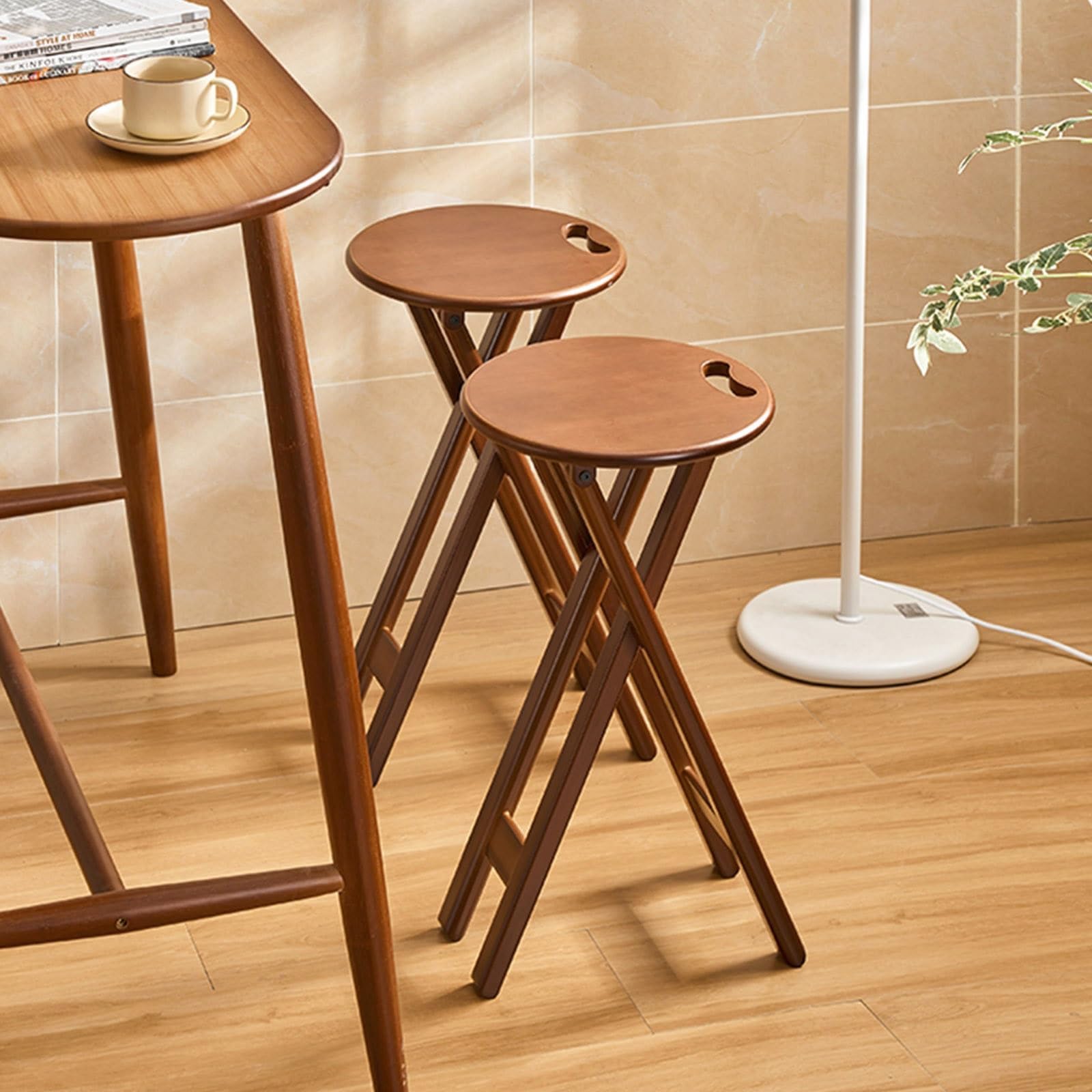 Barhocker Klappbar 60 cm, Holz Sitzhocker Klappbar mit Fußstütze, Runder Hoher Klappbarer Hocker mit Griff für Wohnzimmer, Küche, Bartheke