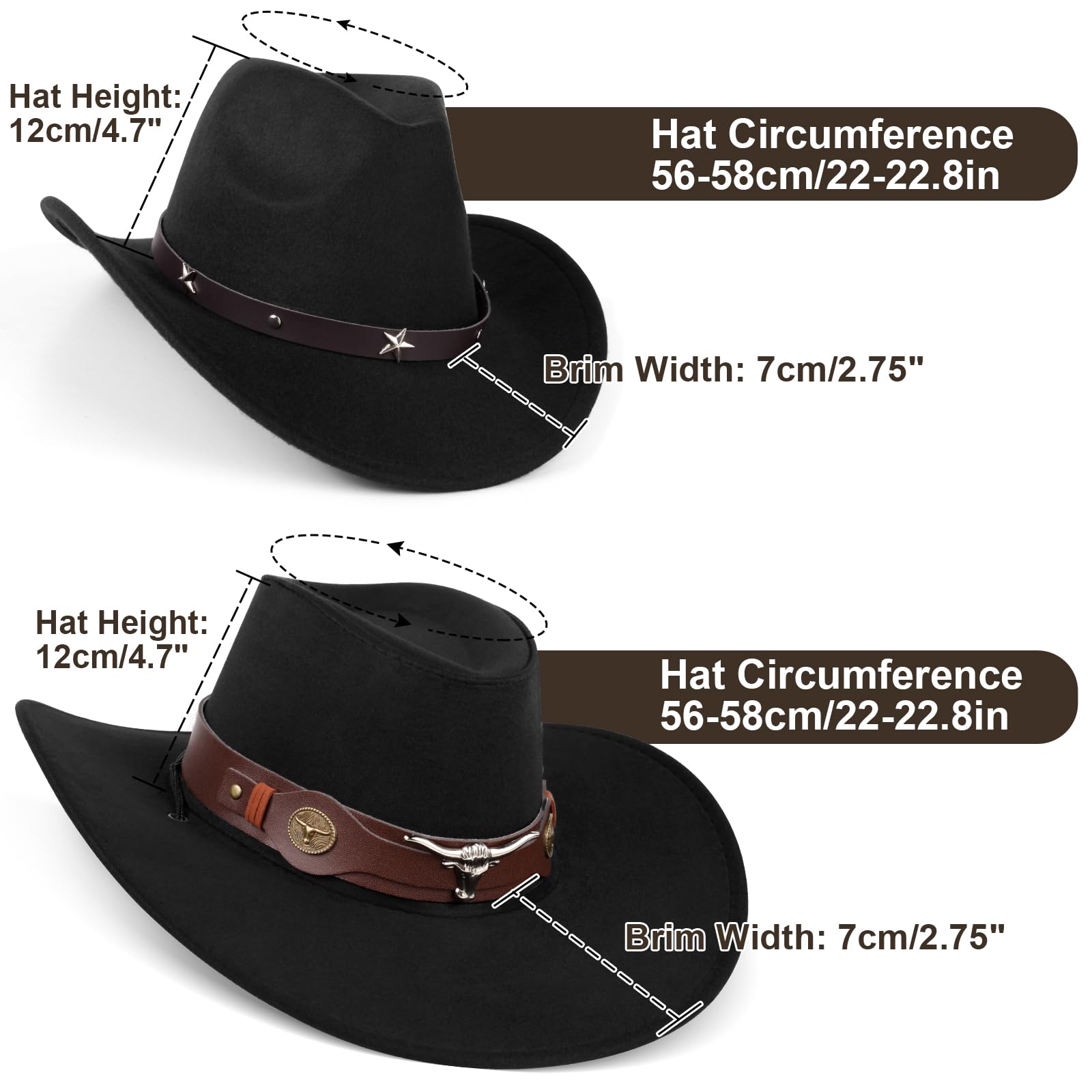 2 Pieces Western Cowboy Hat for Men Women Classic Fedora Hat with 3 Buckle Belt 4pcs (US, Alpha, 3X-Small, Medium, Black)