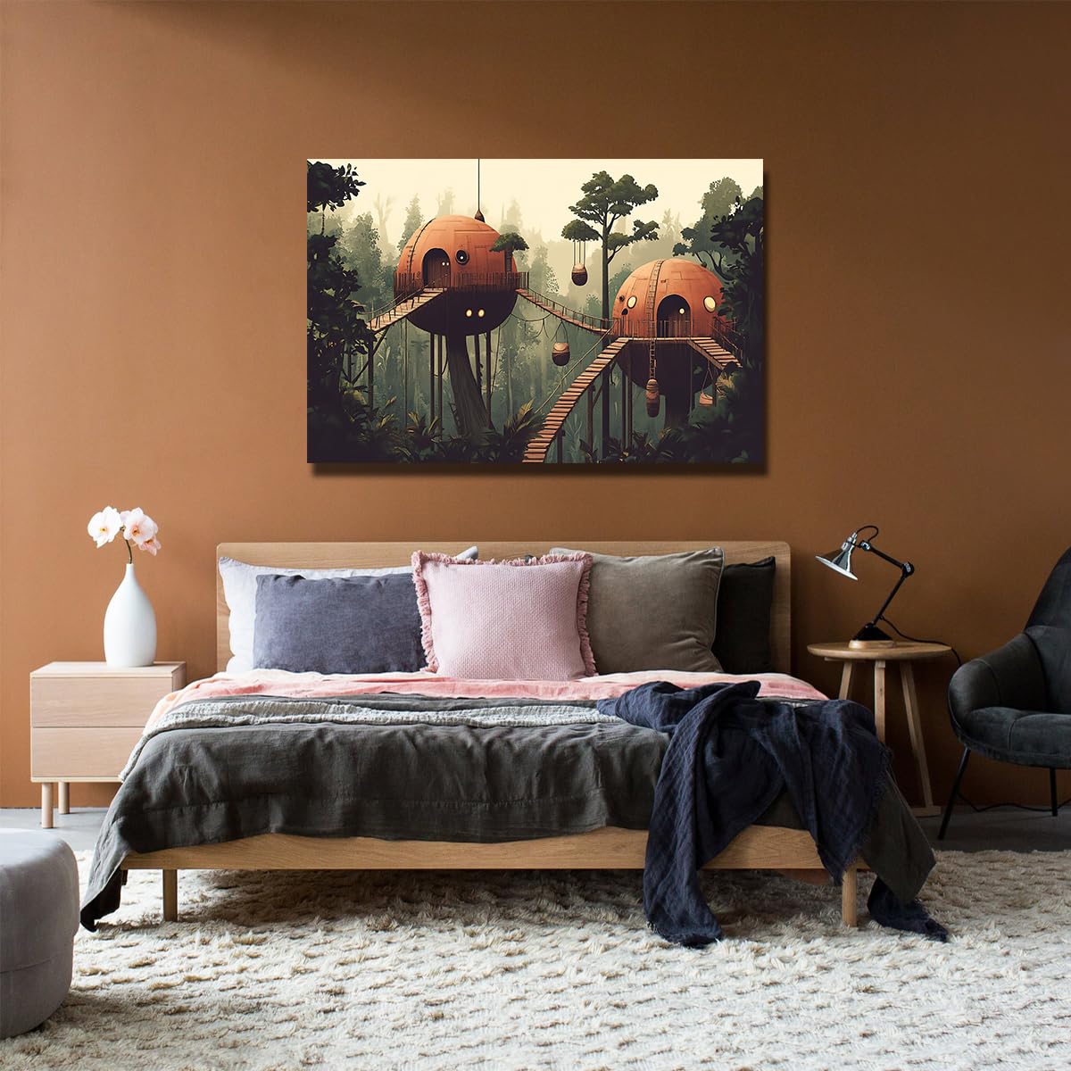 YUNART Arte murale Stampe su tela Retro giungla Tree House Art Stampe di paesaggi fantasy vintage per casa Soggiorno Studio 45x68cm Telaio interno