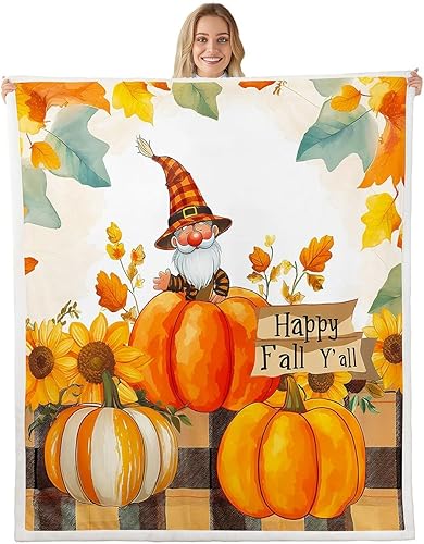 Manfei Bonita manta de gnomo, manta de otoño con hojas de calabaza y girasol para sofá, manta de cosecha de otoño para decoración de habitación de
