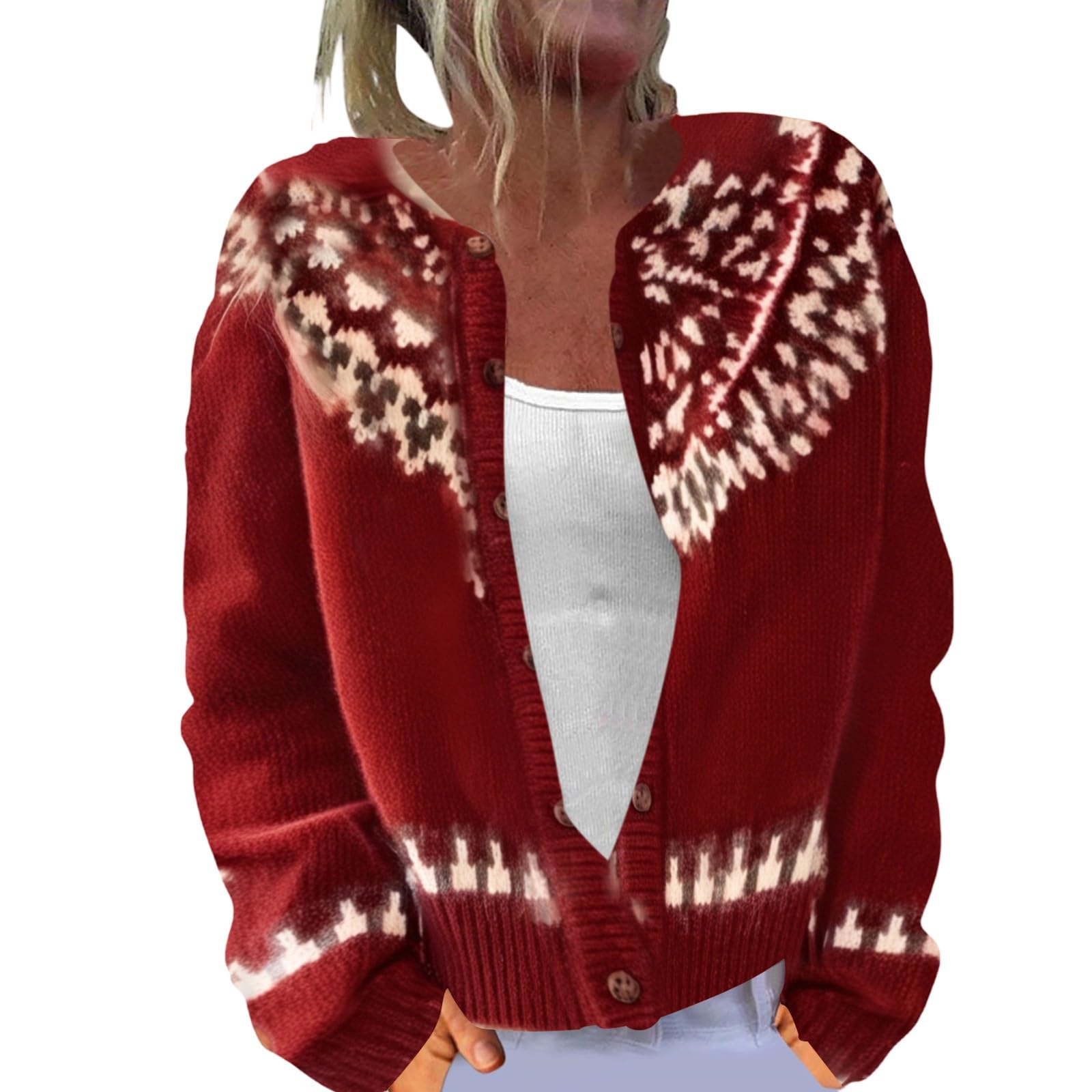 Fair Isle Sweater Women Casual Button Up Open Front Knit Chunky Cardigan Sweaters Vintage Long Sleeve Winter Clothing