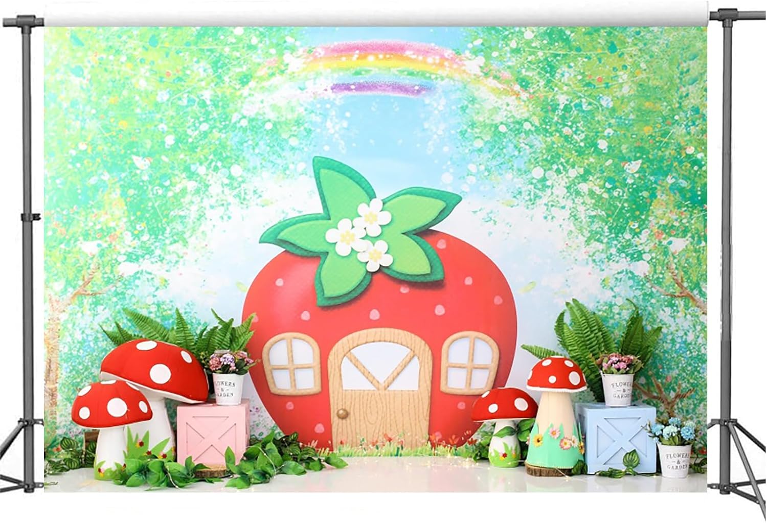 Yeele 7x5ft Strawberry Birthday Backdrop Cartoon Green Tree Rainbow Mushroom House Photography Background Berry One Sweet Girl Birthday Baby Shower Party Decorations Banner - Image 3