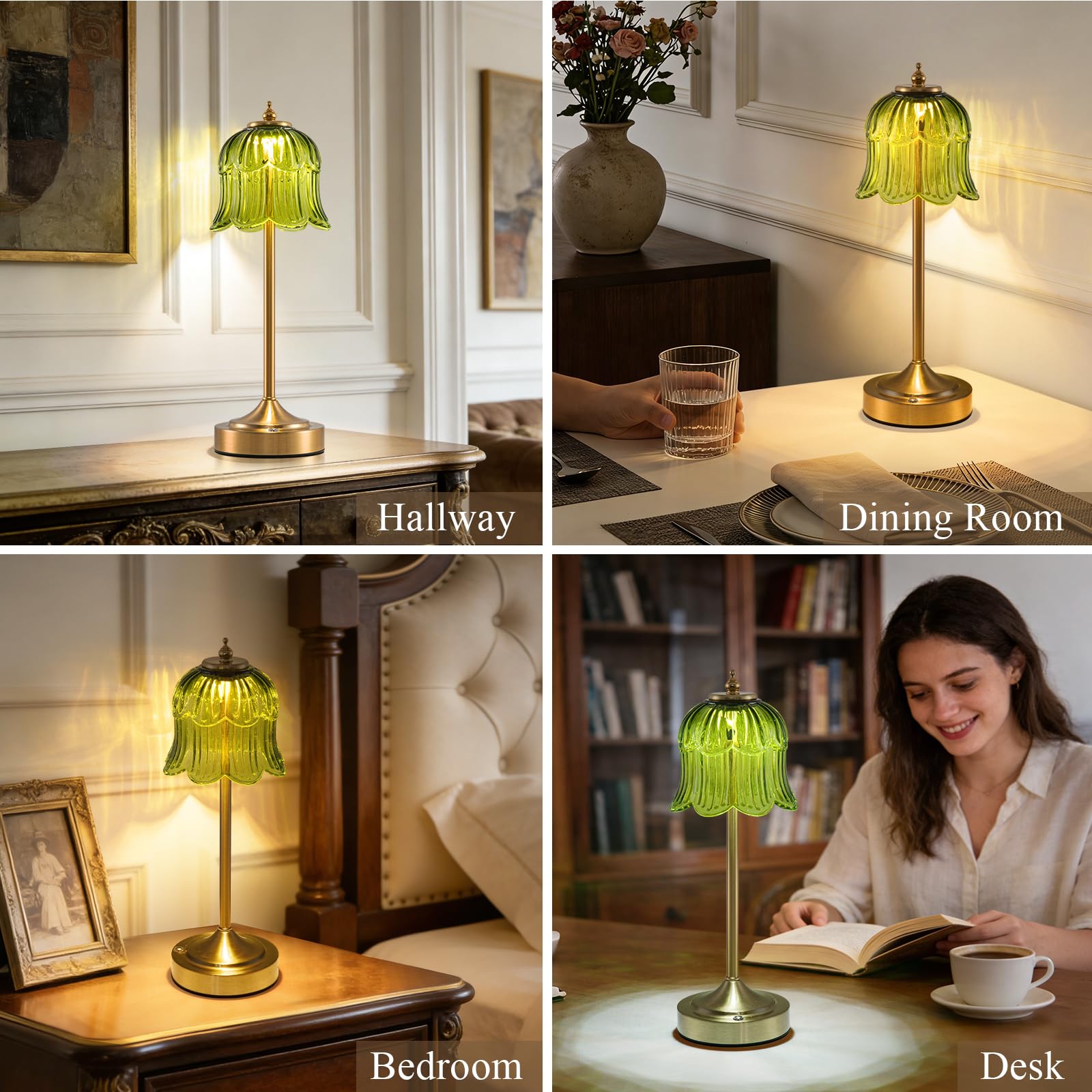 Retro Rose Tischlampe Kabellos, Wiederaufladbar mit 6000mAh Akku, 3 Farbtemperaturen Dimmbar, Tragbare LED-Tischlampe für Esszimmer, Schlafzimmer,Bartheke(Smaragdgrün)