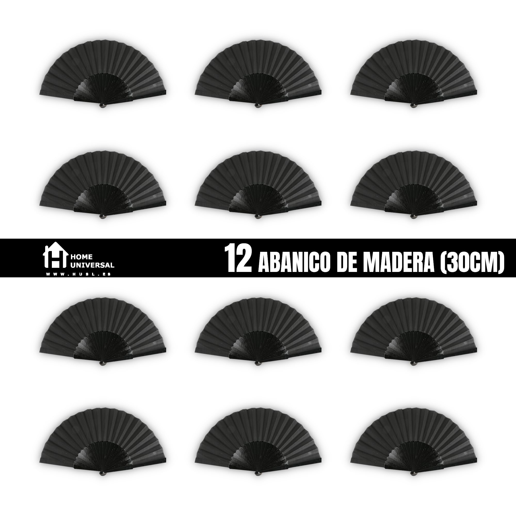 Home Universal® Abanico de Madera Plegable con Argollas para Colgar, 23, 27, 30 cm, Ligero y Resistente, para Bodas y Eventos (12, Negro (30CM), 30CM)