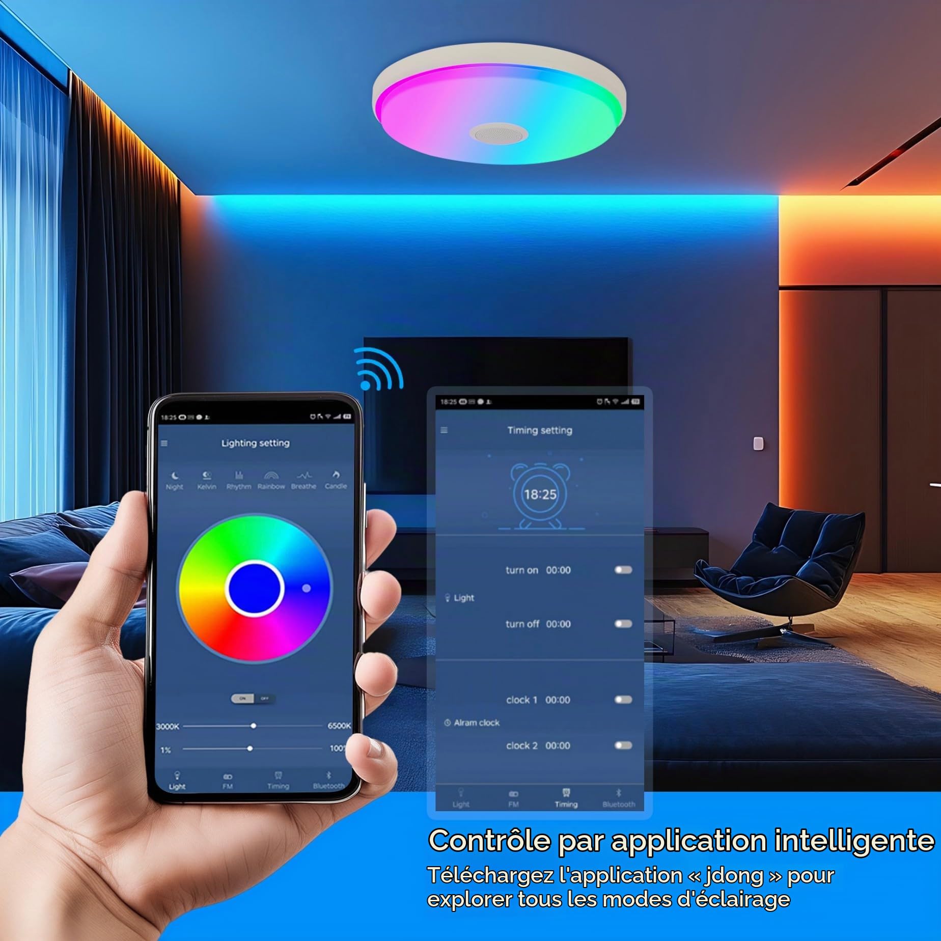 JDONG Plafonnier LED avec télécommande dimmable 36W Bluetooth plafonnier ciel étoilé, changement de couleur RGB étanche