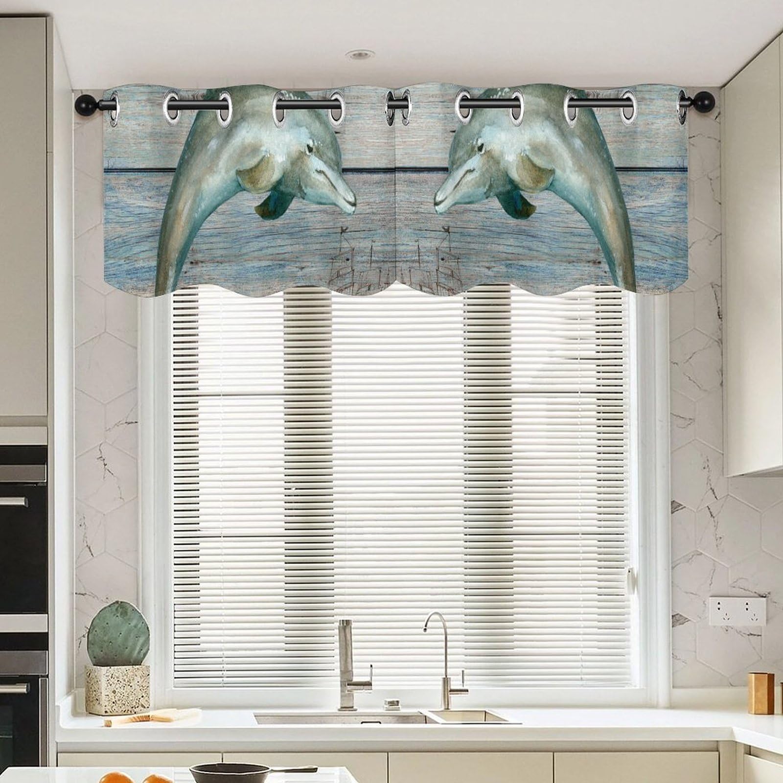 Cantonnière de cuisine lot de 2 rideaux courts dauphin océan 132x45,7 cm