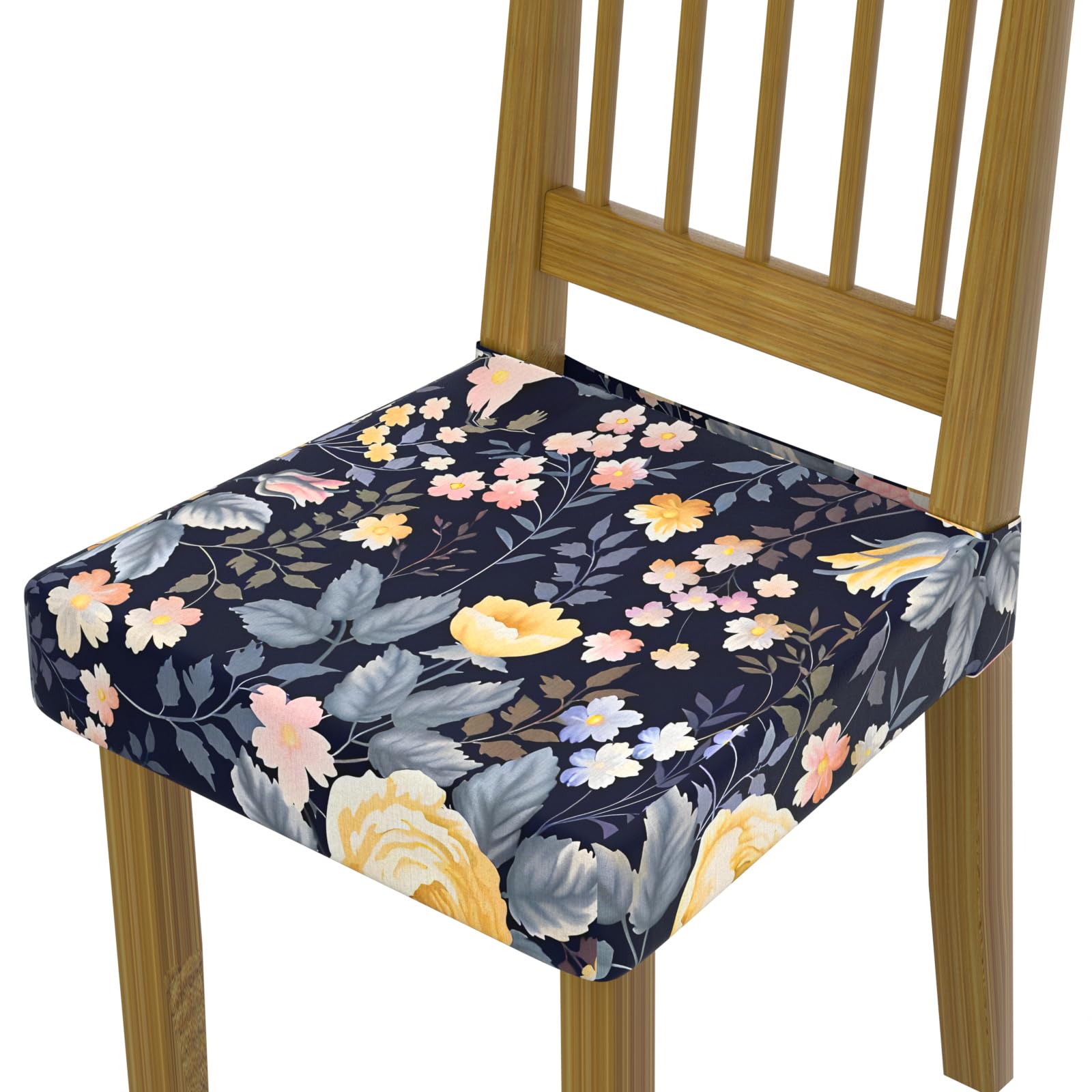 Chair Seat Covers Dining Room Set of 6,Soft Printed Patterned Stretch Non Slip Removable Washable Dining Seat Cover Protector Cover for Home Hotel Banquet Wedding Party (Navy Blue Yellow Pink Rose)