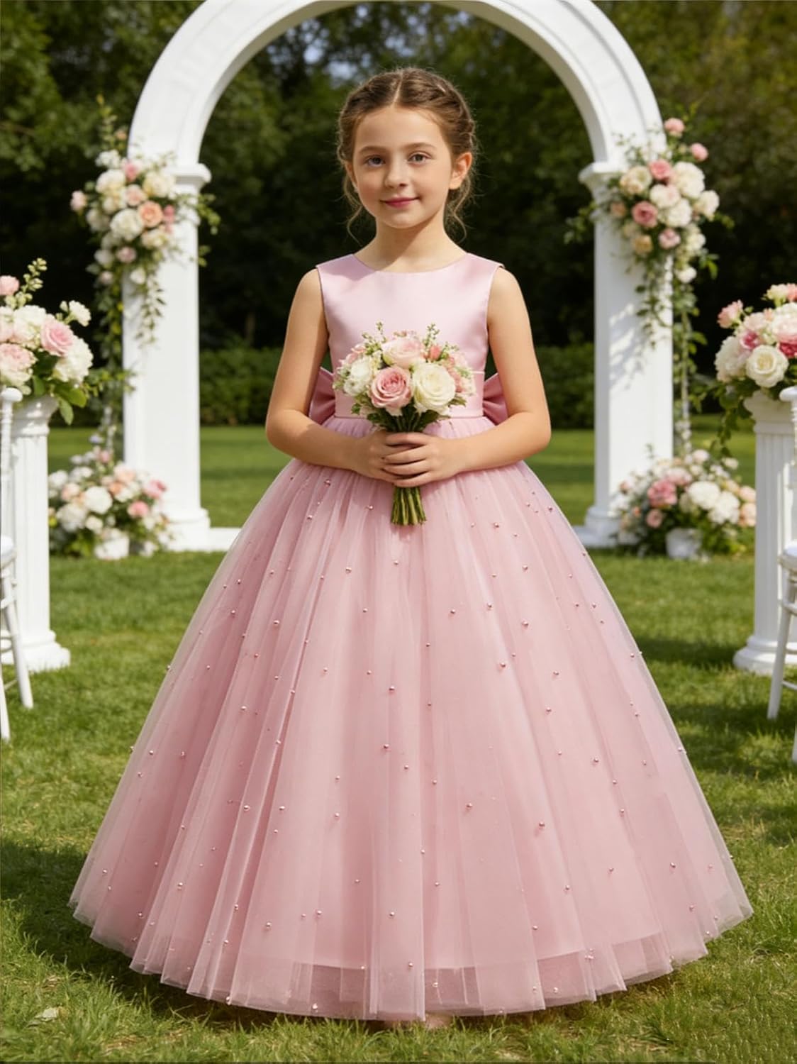 Flower Girl Dress for Wedding Pearls Tulle Dresses Kids Princess First Communion Pageant Party Satin Bowknot Gowns