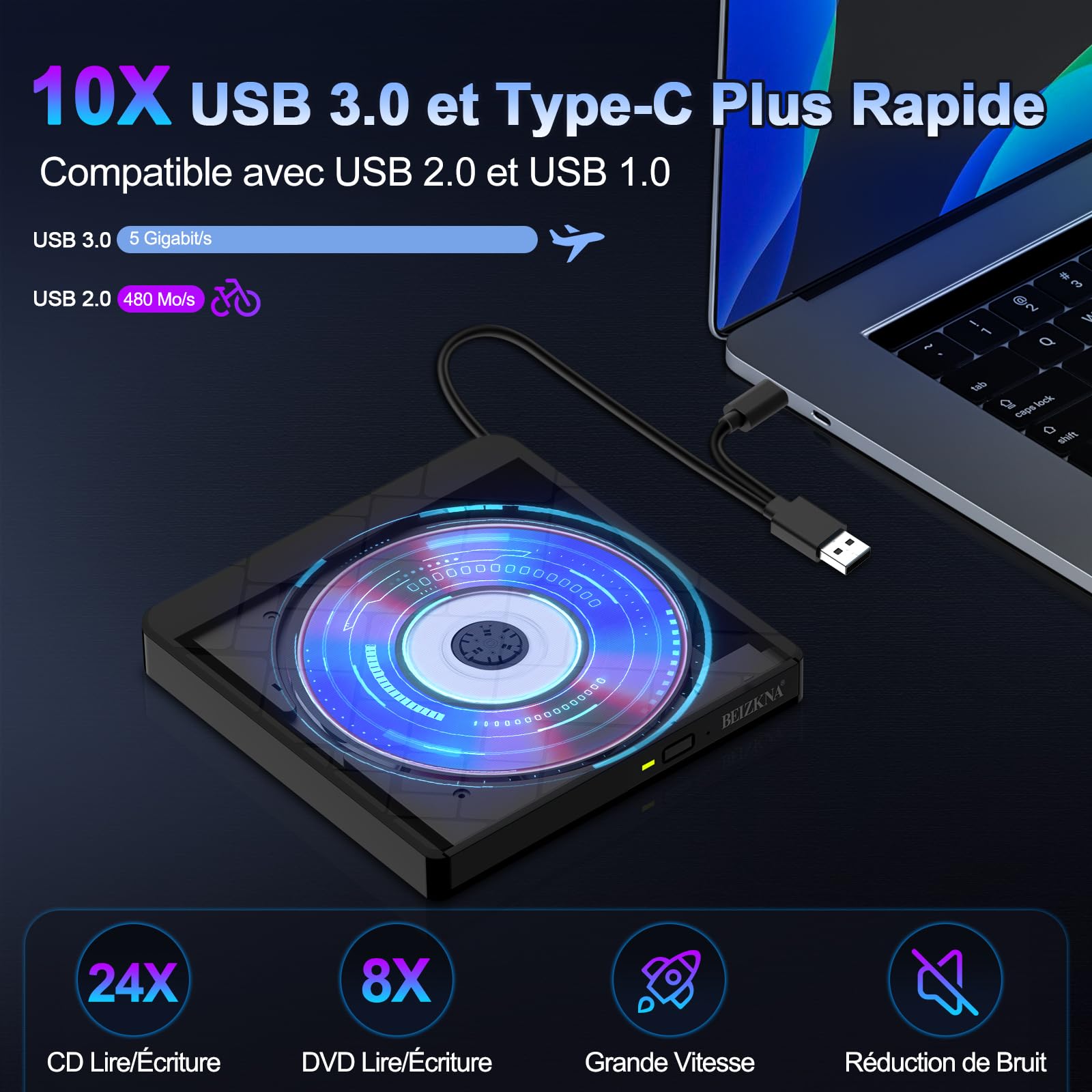 Beizkna Lecteur CD DVD Externe pour PC USB 3.0 & Type C Portable Lecteur DVD Graveur CD ROM +/-RW DVD Externe pour PC Laptop Desktop iMac MacBook Pro/Air Windows 11/10/ 8/7/ XP/Linux/Mac OS