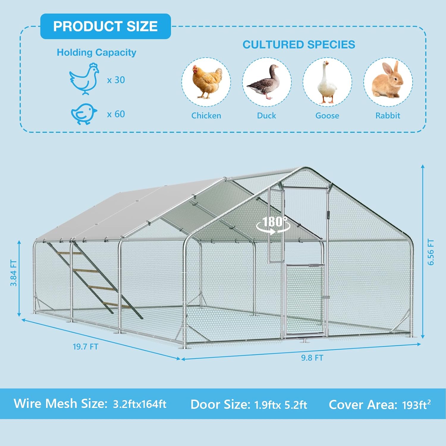 Large Metal Chicken Coop, Chicken Runs for Yard with Cover, Walk in Chicken Coop, Outdoor Chicken Pen, Heavy Duty Galvanized Steel Frame, Waterproof Cover, 10 x 20 x 6.5 FT