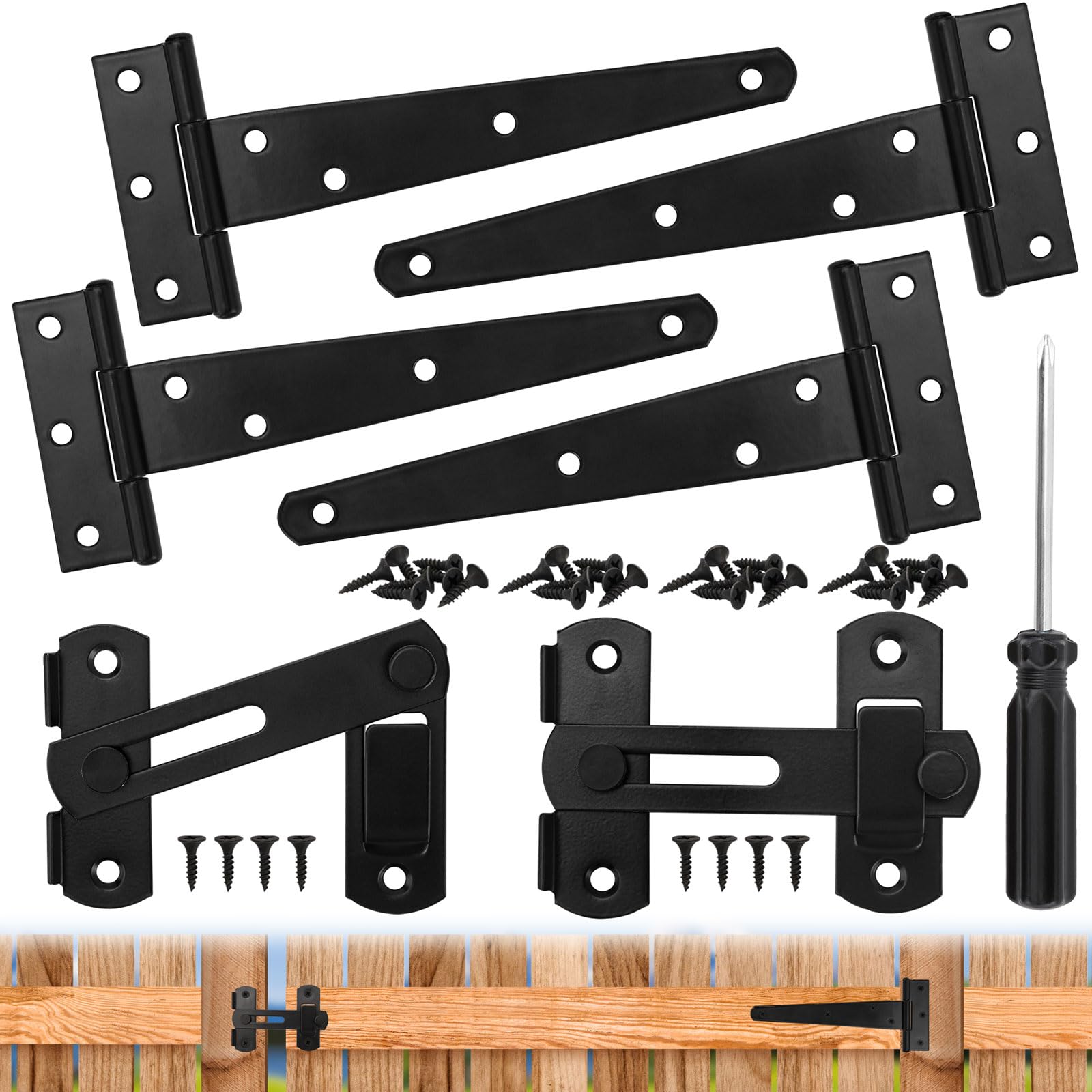 4 Pcs 6" T Hinges & 2 Stainless Steel Door Latch with Screwdriver, Heavy Duty Gate Hinges for Wooden Gates, Rustproof Tee Hinge, 180° Gate Bolt Sliding Door Lock, for Shed, Garden, Barn, External Use