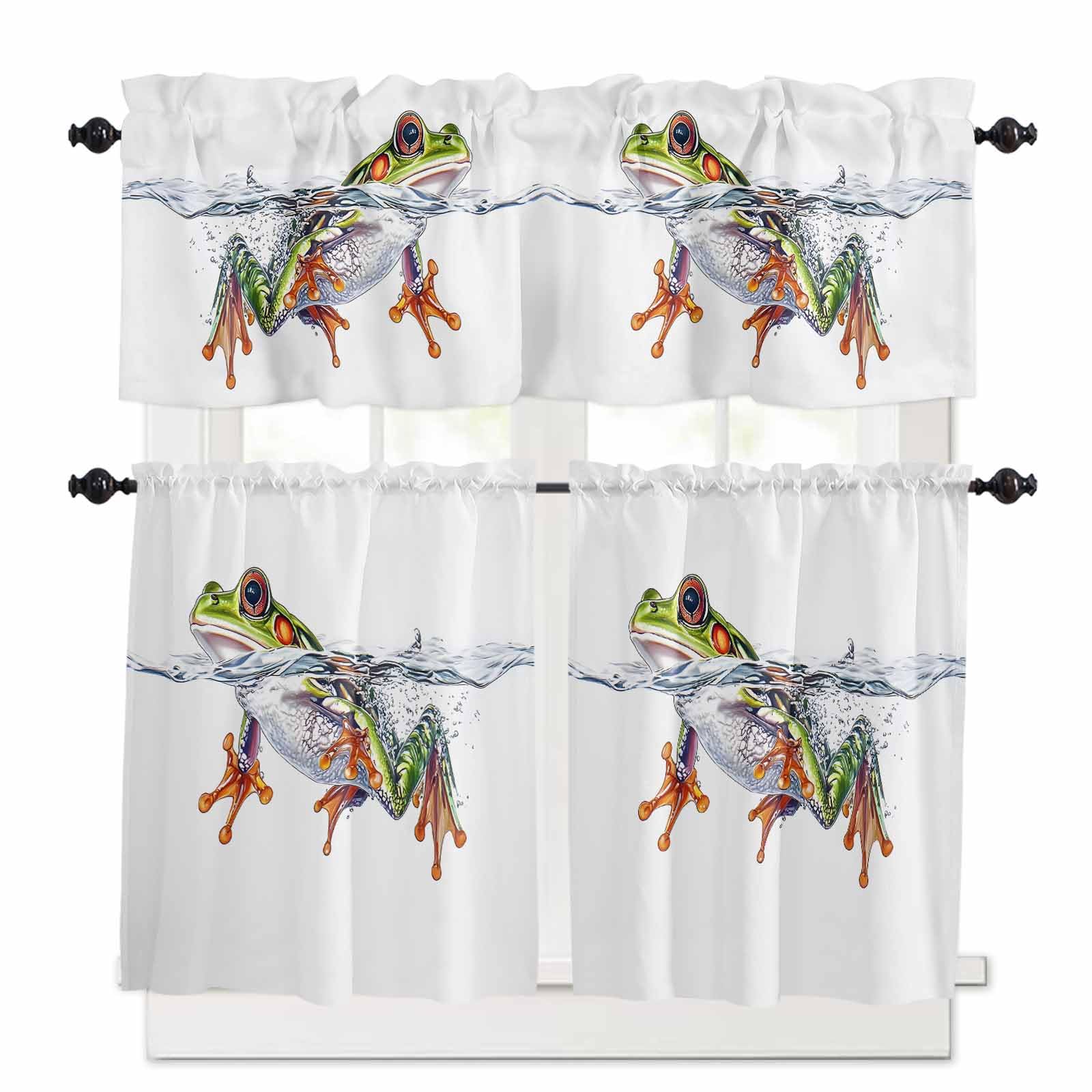 Frogs Prints Kitchen Curtains 36 Inch Length, 3 Piece Rod Pocket Small Half Tiers and Valance Set, Watercolor Animals in Water Small Large Window Treatment Decor for Bedroom/Bathroom Sink