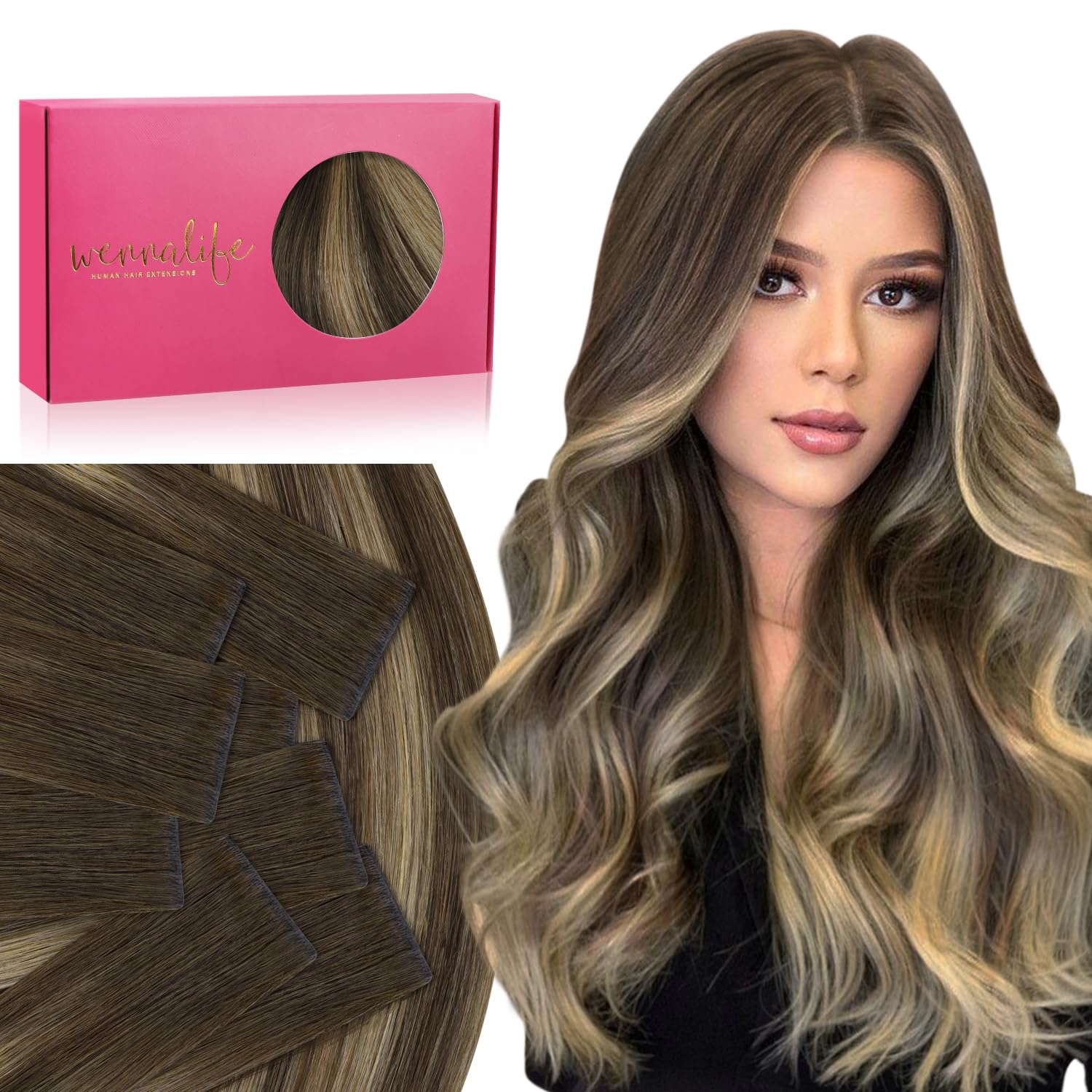 WENNALIFE Invisi Edge Tape in Hair Extensions Human Hair, 22 Inch 50g 20pcs Balayage Chocolate Brown to Caramel Blonde Invisible Luxury Remy Hair Extensions Natural Seamless Injected Tape Ins Straight