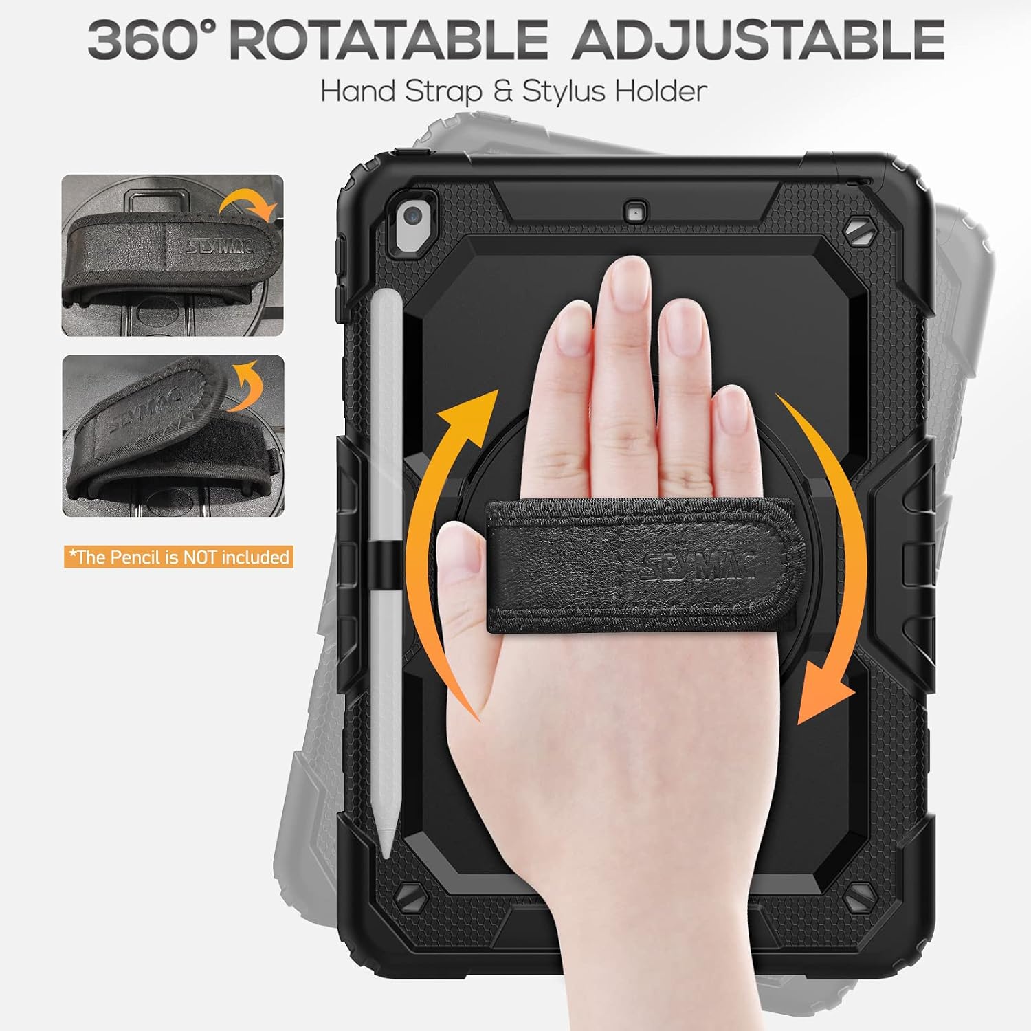 SEYMAC iPad 9th/ 8th/ 7th Generation Case 10.2" 2021/2020/2019, Full-Body Shockproof Heavy Duty Protective Case with Screen Protector, 360° Rotating Stand/Handle/Shoulder Strap for iPad 10.2, Black