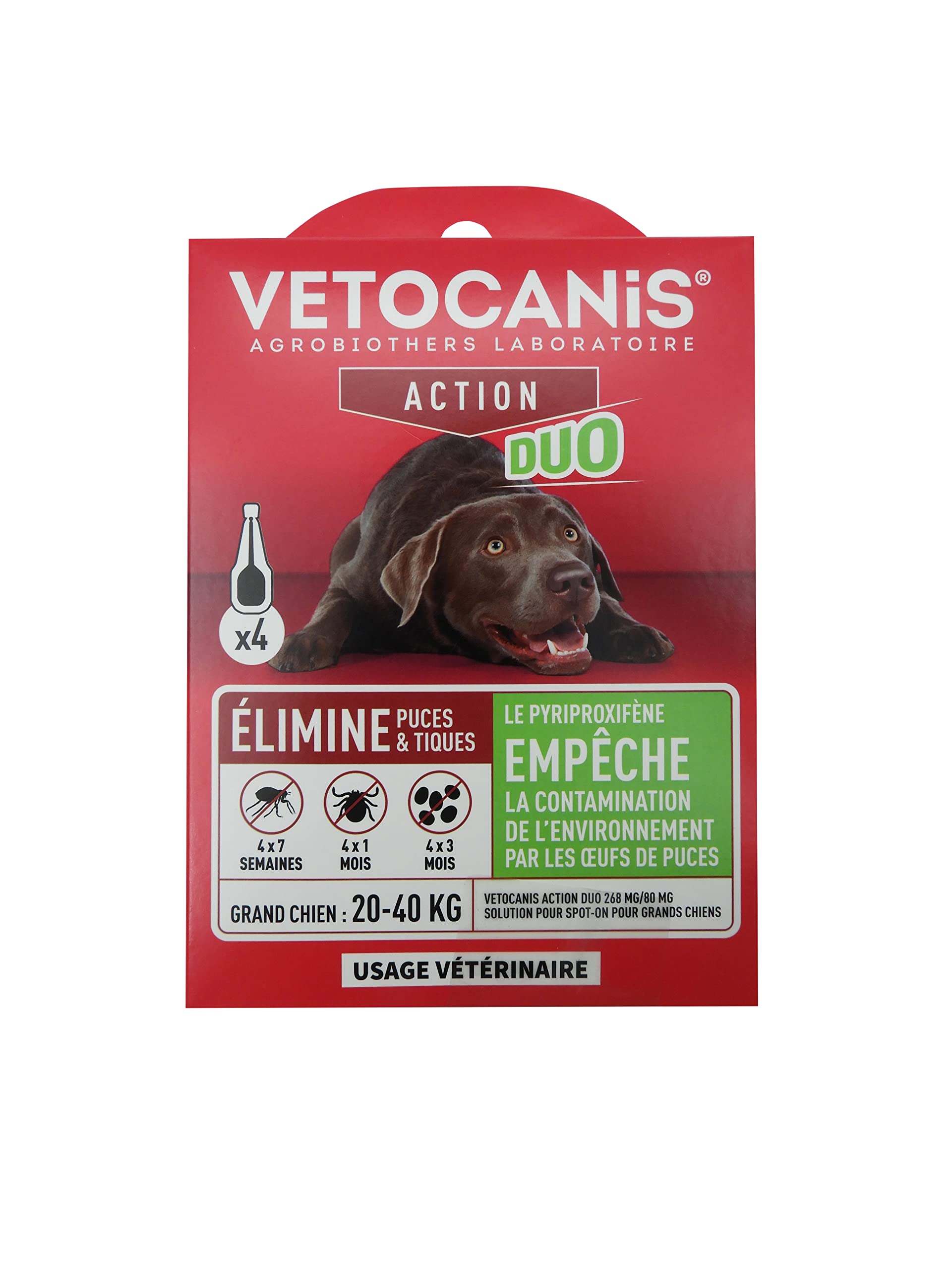 VETOCANIS - Action Duo Pipette Anti-Puces Anti-Tiques Chien Traitement et Protection Antiparasitaire Grand 20-40 kg Habitat Pack de 4 Pipettes