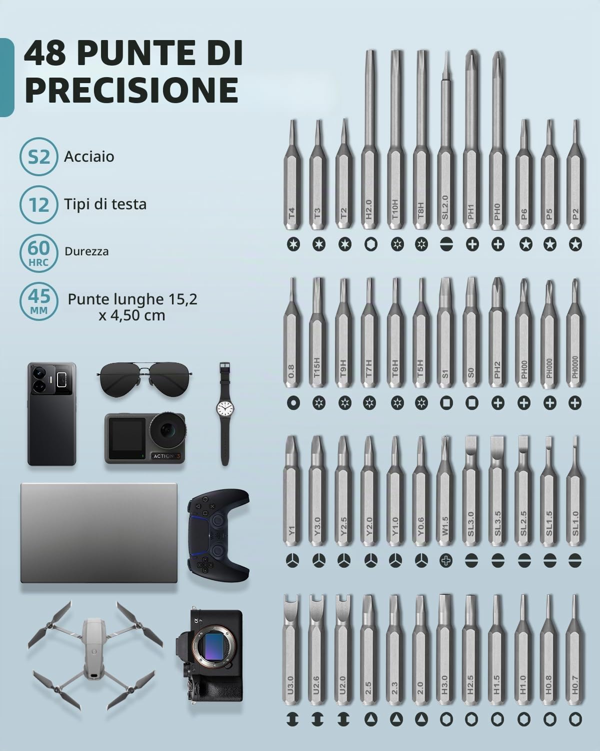 mini cacciavite elettrico, set di cacciaviti di precisione con punte magnetiche 48 in 1, luce LED, contenitore magnetico, adatto per la riparazione di PC, telefono, orologio, laptop