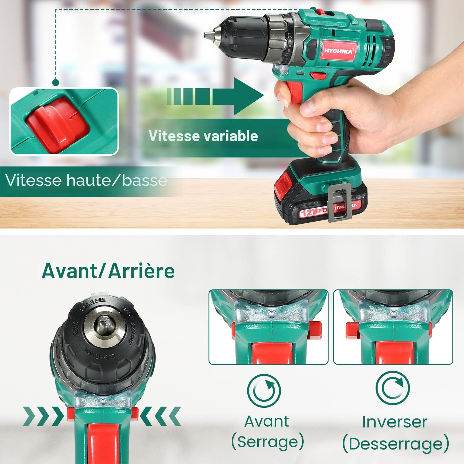 HYCHIKA Perceuse Visseuse Sans Fil 12 V 30 N.m 21+1 Réglages Couple 2 Vitesses 26 Accessoires LED Bricolage