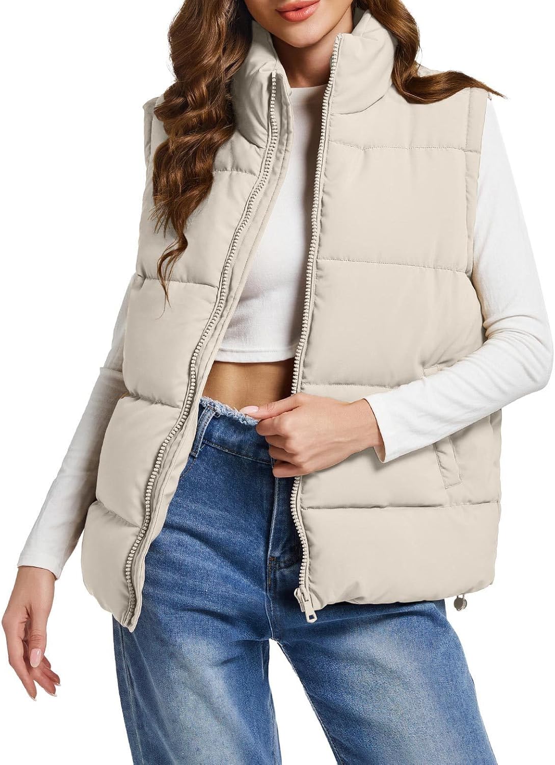 Polu Puffer Vest Women Zip Up Stand Collar Sleeveless Puffer Vests Oversized Padded Gilet Jacket - Image 4