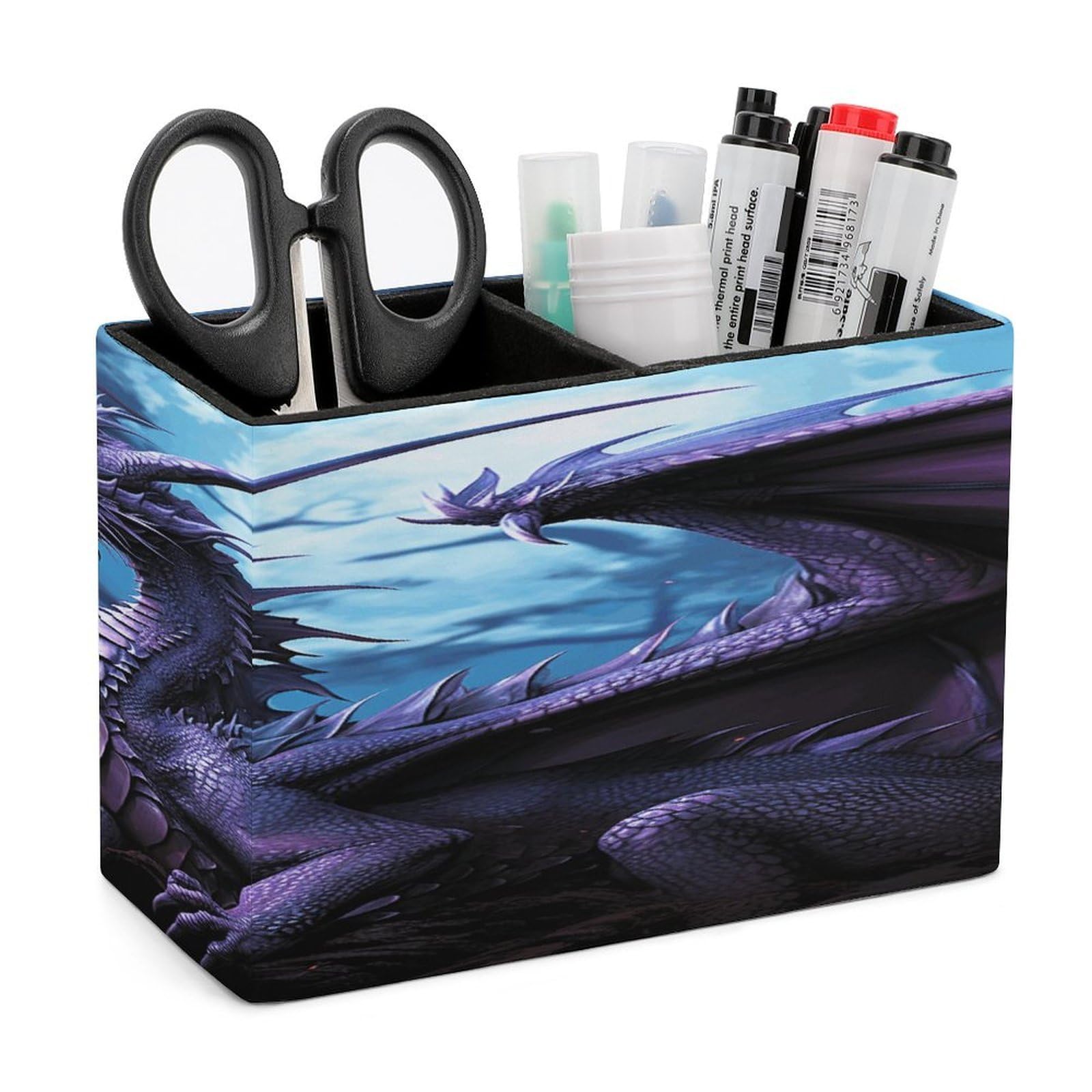 VstaDank Purple Dragon Purple Moon Pen Holder Double Compartments Pen Cup Fashion Makeup Brush Holders Leather Pencil Holder for Work Locker Accessories Modern Pencil Cup for Desk Organizer