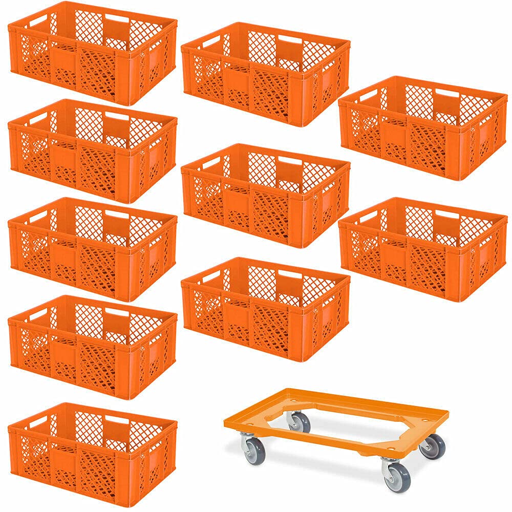 Set risparmio da 10 contenitori impilabili Eurostack Plus con ruote, 600 x 400 x 240 mm, qualità industriale, colore arancione