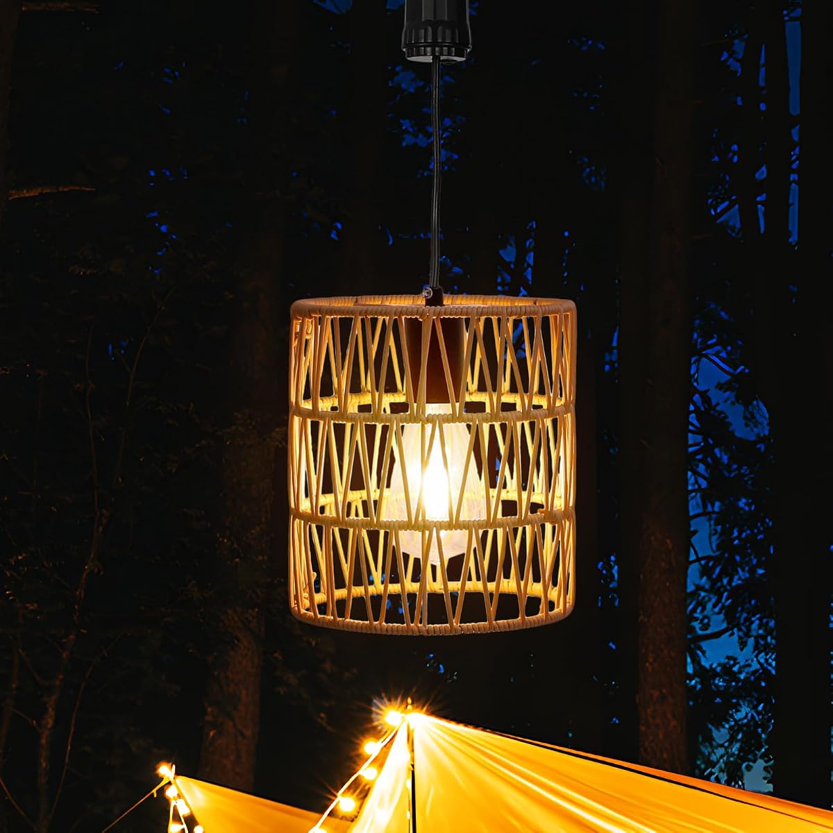 Livinlarge Battery Operated Chandelier,Hanging Rattan Pendant Lights with