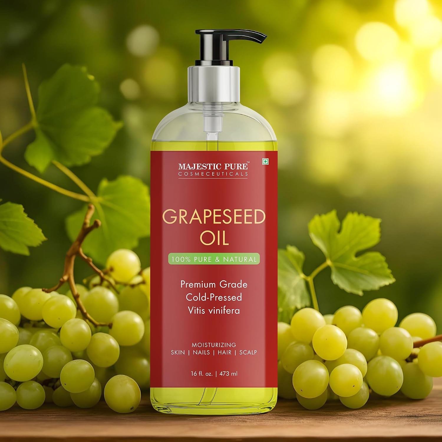 Majestic Pure Grapeseed Oil - 100% Pure & Natural - Premium Grade, Cold-Pressed, Hexane-Free Carrier Oil for Skin, Hair and Body - Moisturizing Skin, Hair and Scalp - 16 Fl Oz