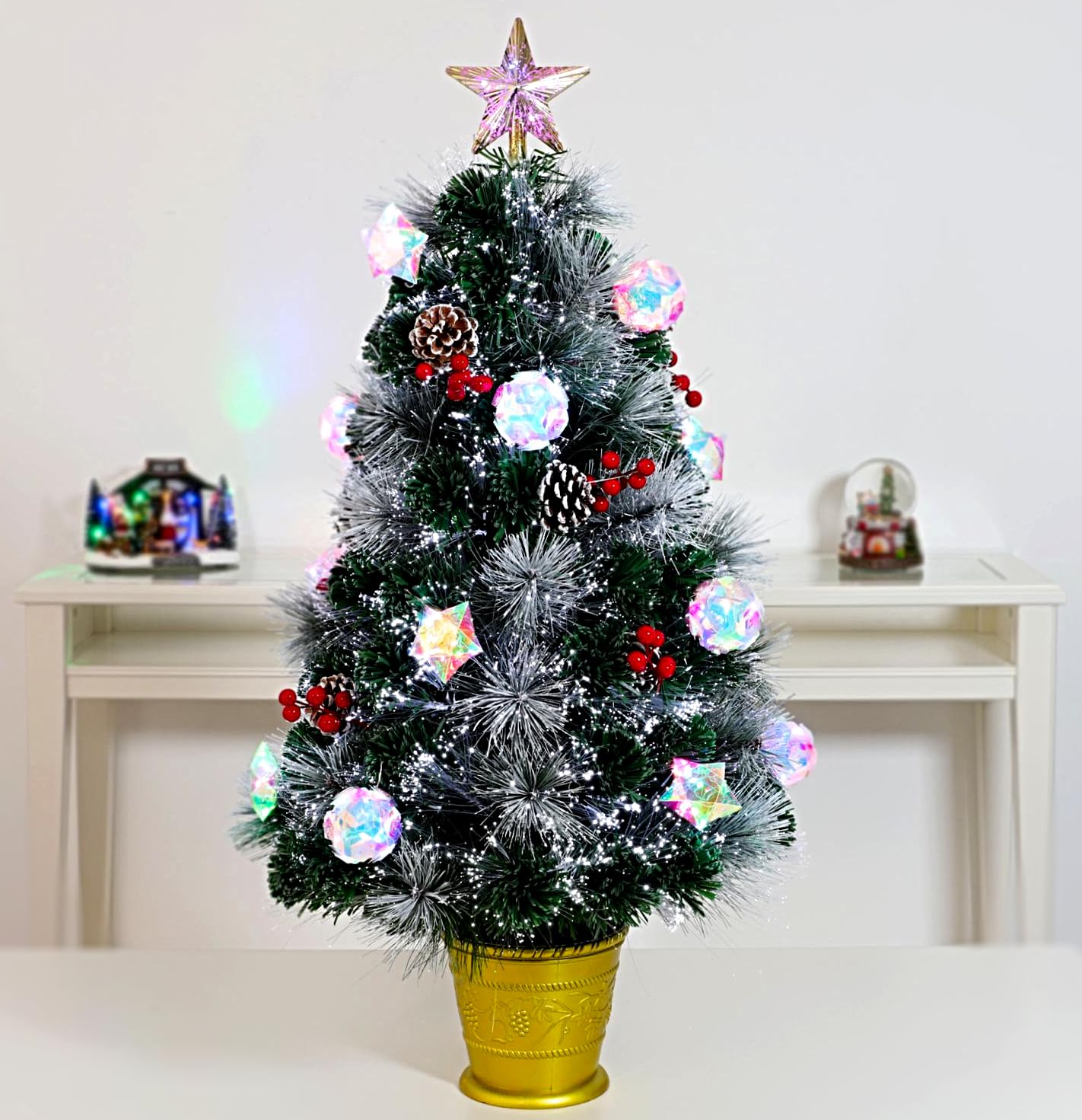 Christmas Concepts® 3 ft (36") Albero di Natale in fibra ottica preilluminato verde con bacche, pigne e decorazioni iridescenti a LED - 37 funzioni incluse - Alberi di Natale artificiali