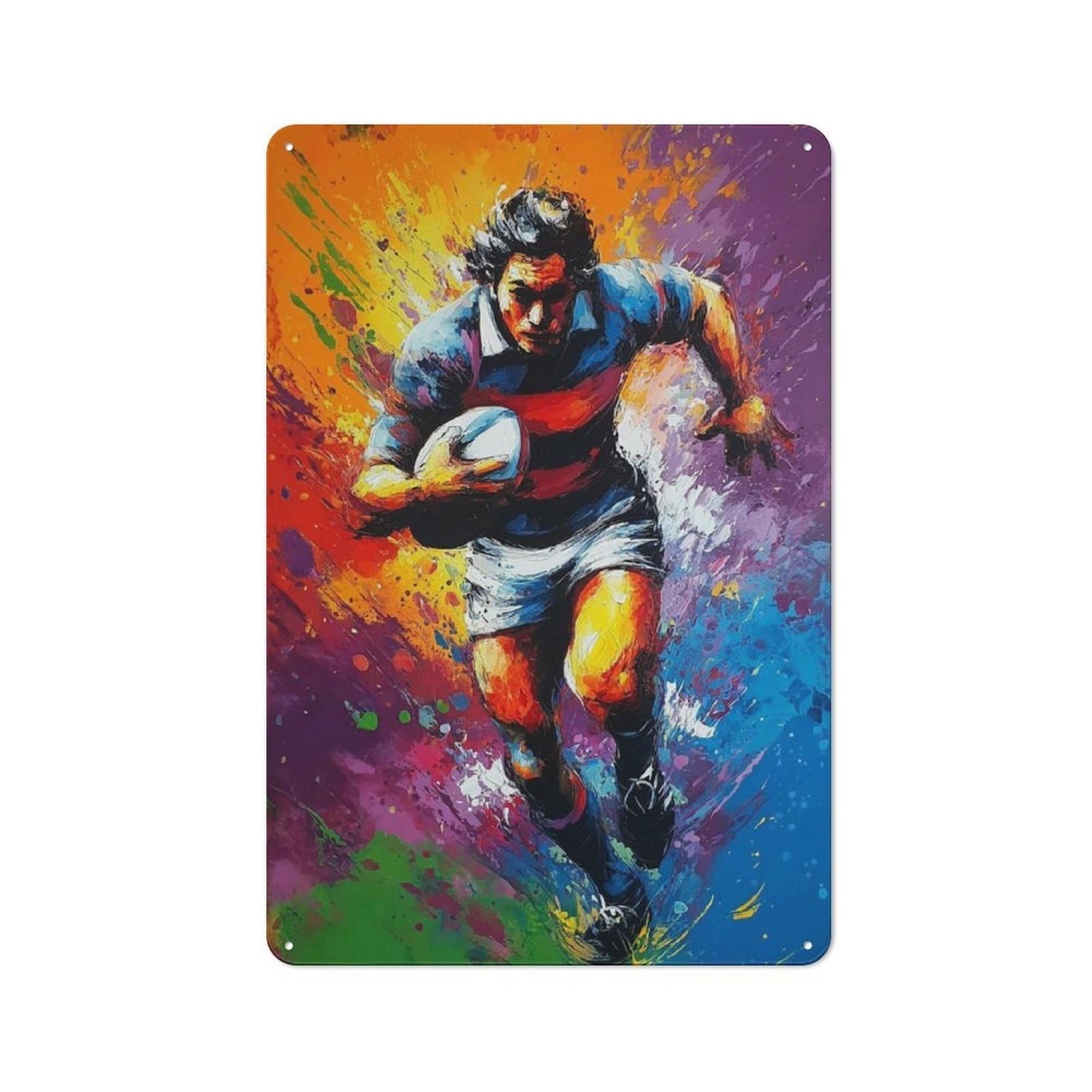 Tin Wall Plaque 30x20cm with Rugby Player in Action for Garage Or Workshop, for Living Room, Hallway And Entrance Wall Decor