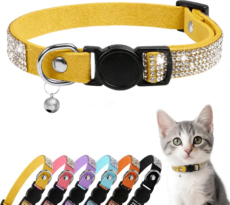 Coleira para Gatos com Strass, Fecho de Segurança e Sino Removível Amarela ZOWPET