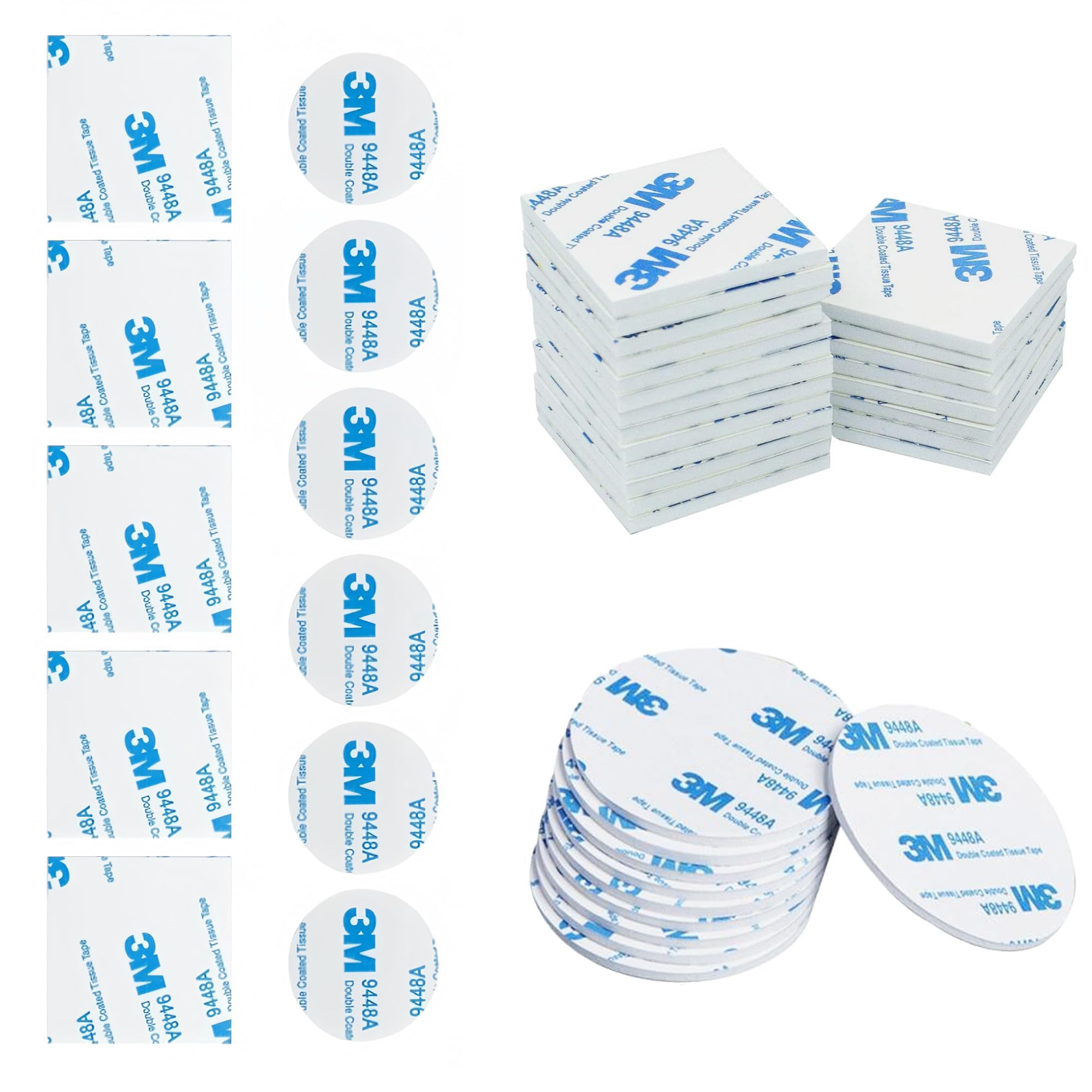 hioseyre 60Pcs Self Adhesive Double Sided Tape Waterproof Sticky Pads Heavy Duty Set, Double Sided Sticky Pads for Home Car Office Accessories White Round (30mm), Square (40mm x 40mm)