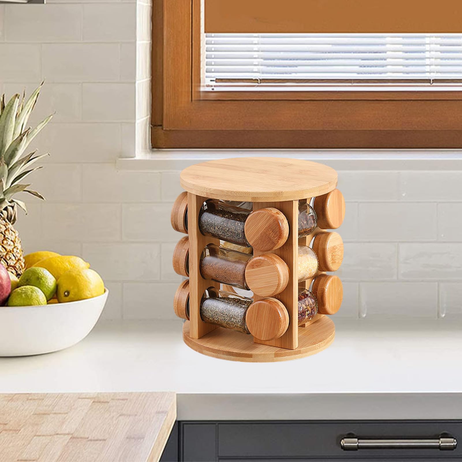 Scaffale per condimenti in legno da cucina, supporto rotante per barattoli | di condimento, 15 x 15 x 31 cm, organizer per scatole, contenitore per sale per barattoli di pepe, controsoffitti