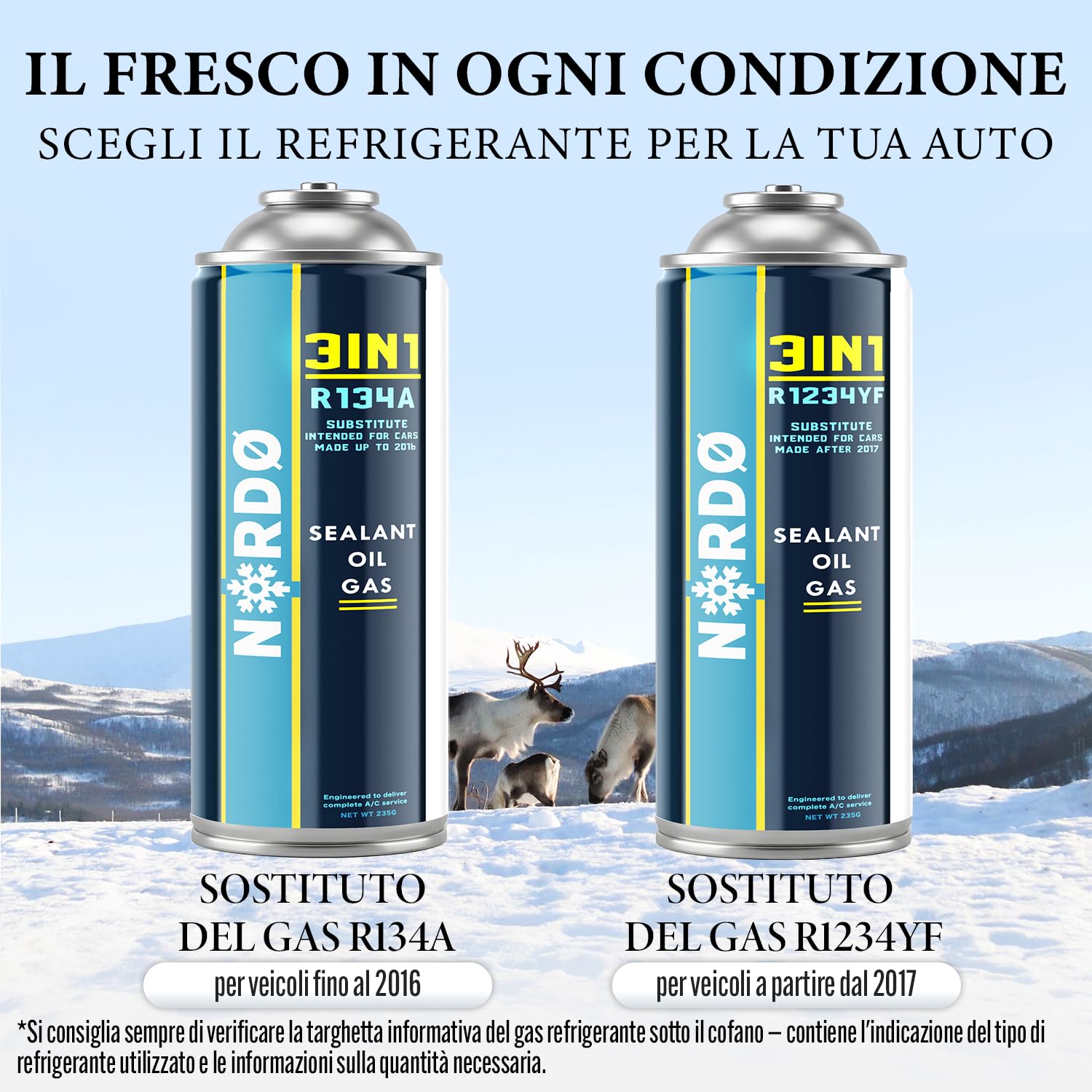 Nordo - 3in1 R134a Fluido refrigerante gas di ricarica – per climatizzatori auto – Bombola di gas 1x235 g – Camper – Tubo e adattatore HP/LP – Manometro climatizzatore – ECO