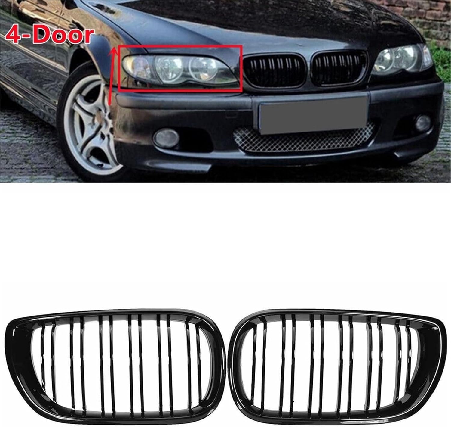 Car Front Bumper Kidney Grill Glossy Black Double Slat Hood Grille Compatible with 3 Series E46 4 Door 2002 2003 2004 2005 Racing Grills