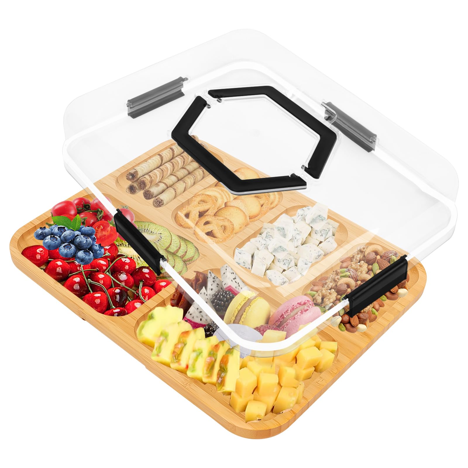 BigKing Bandeja para servir de bambú, bandeja de aperitivos con tapa y 6 ranuras, tabla de bambú para quesos, recipientes para frutas, aperitivos, dulces, verduras, nueces, picnics