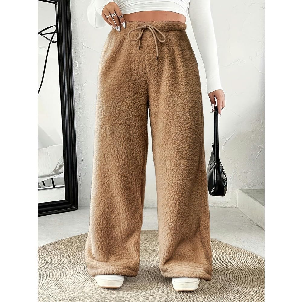 Pantalon Palazzo décontracté Grande Taille SYJYM en Polyester à Jambes Larges avec Cordon de Serrage, Tissu tricoté Long en Polyester de Couleur Unie
