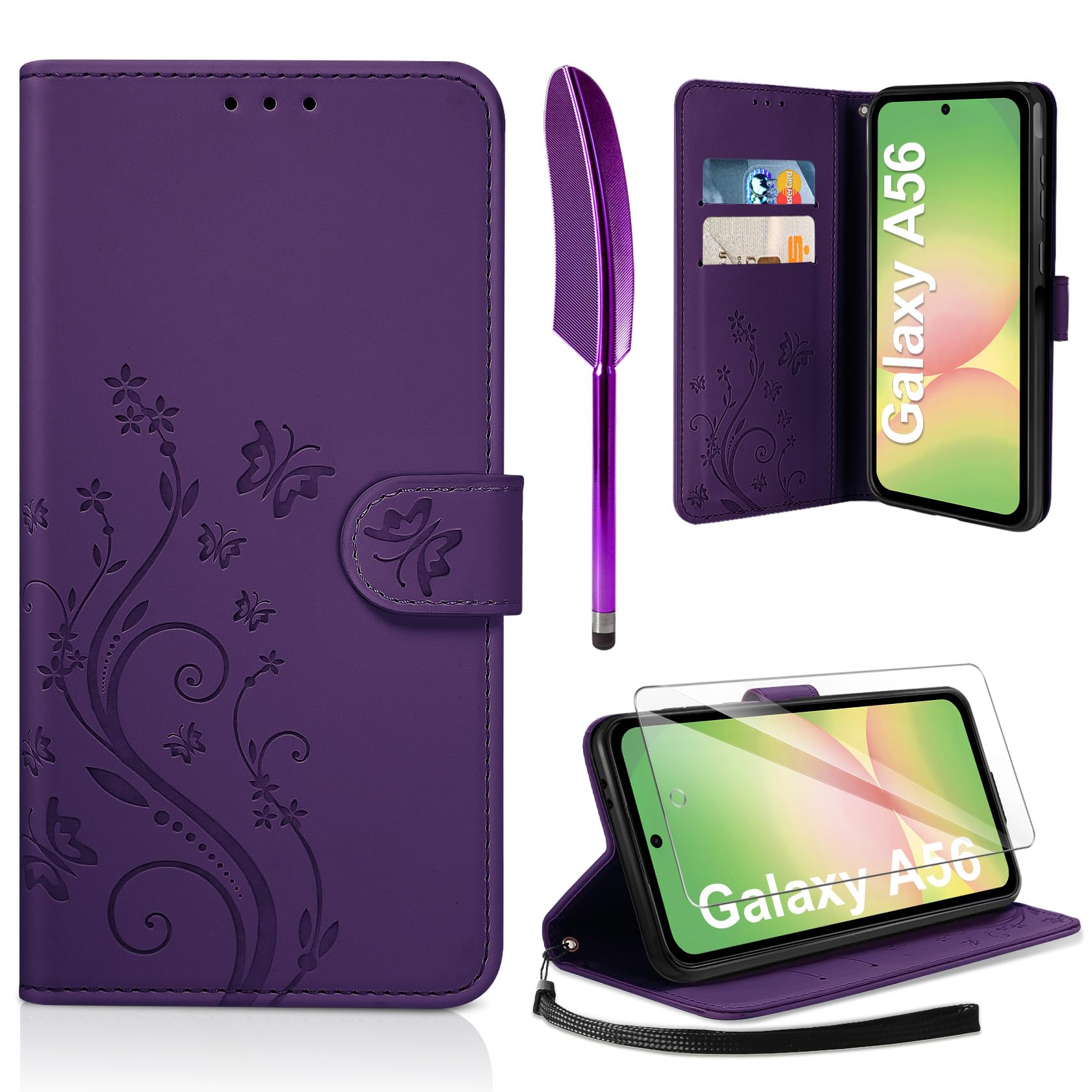 AROYI Lederhülle Kompatibel mit Samsung Galaxy A56 5G Hülle und Schutzfolie, Flip Wallet Handyhülle PU Leder Case Kartensteckplätzen Schutzhülle Kompatibel mit Samsung Galaxy A56 5G Dunkel Violett