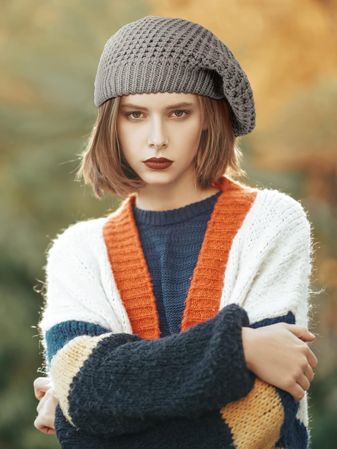 Newcotte 3 Pcs Soft Slouchy Crochet Beret Chic Cutout Beret Hats for Women Lightweight Knit Beanie Caps for Women(Black, Gray, Khaki) - Image 5