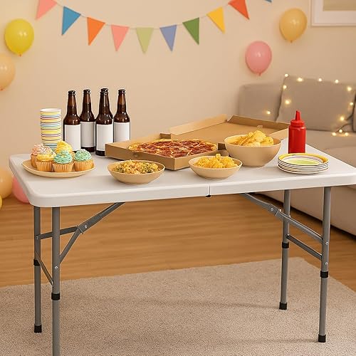 Miniatura 4 de Magshion Mesa plegable de plástico de 4 pies, mesa de comedor portátil plegable para interiores y exteriores con asa, ideal para picnic, fiesta,